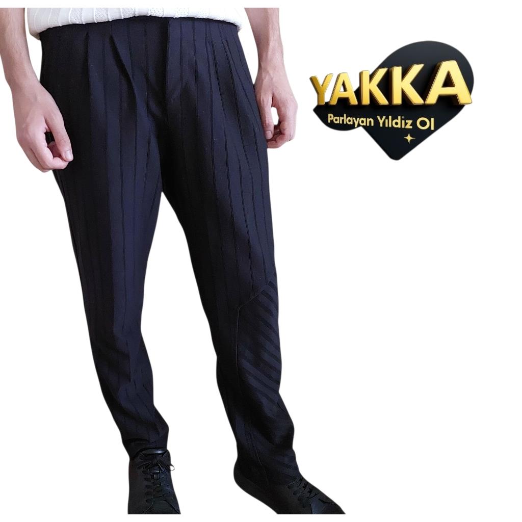 YAKKA SİYAH Çizgili Rahat Kesim Pantolon