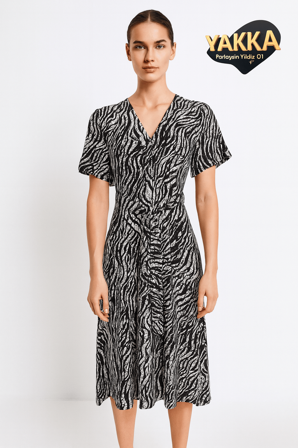 YAKKA Zebra Desenli V Yaka Midi Elbise
