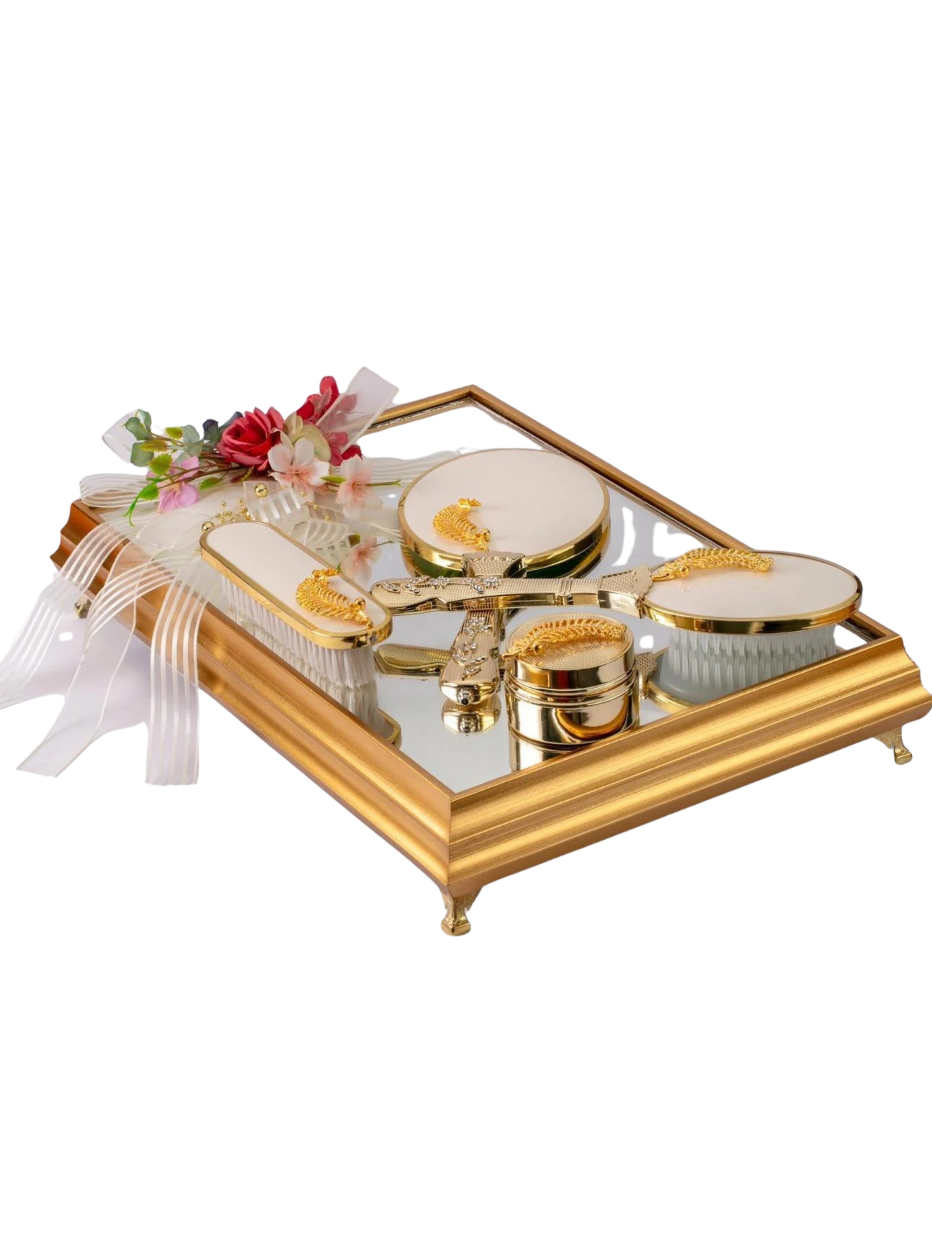 Marpiella Gold Lux Ayna Çeyiz Seti | Yaprak Motifli 4'lü Setmarpie14Marpiella