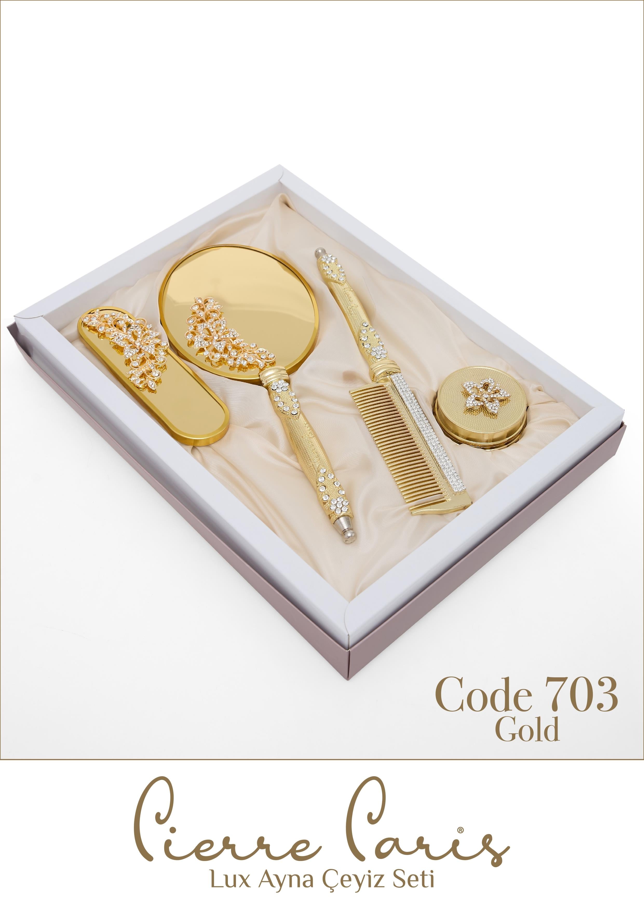 Pierre Paris Gold Lux Ayna Çeyiz Seti | Çiçek Motifli 5'li Set