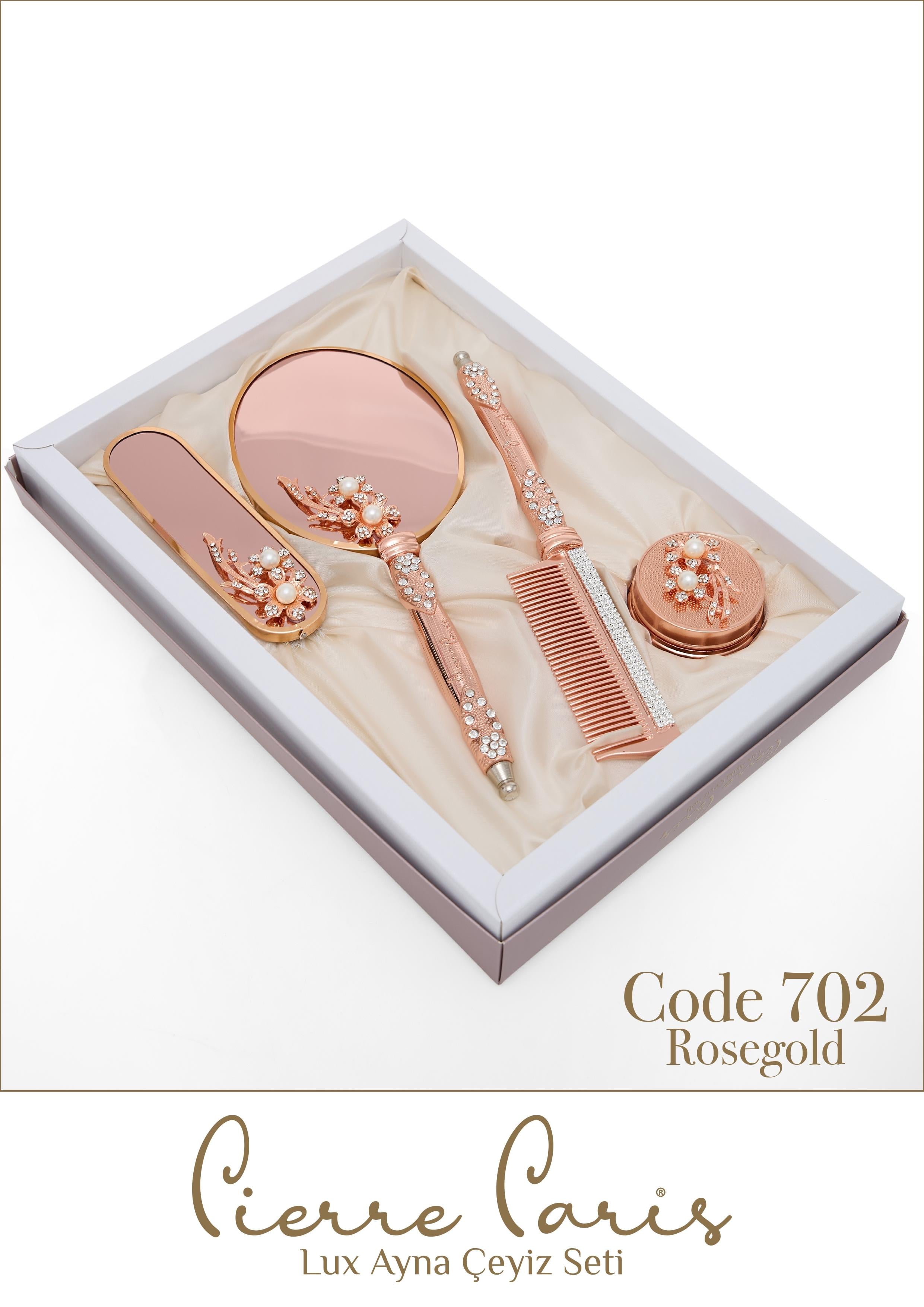 Pierre Paris Rose Gold Lux Ayna Çeyiz Seti | İnci Motifli 5'li Set