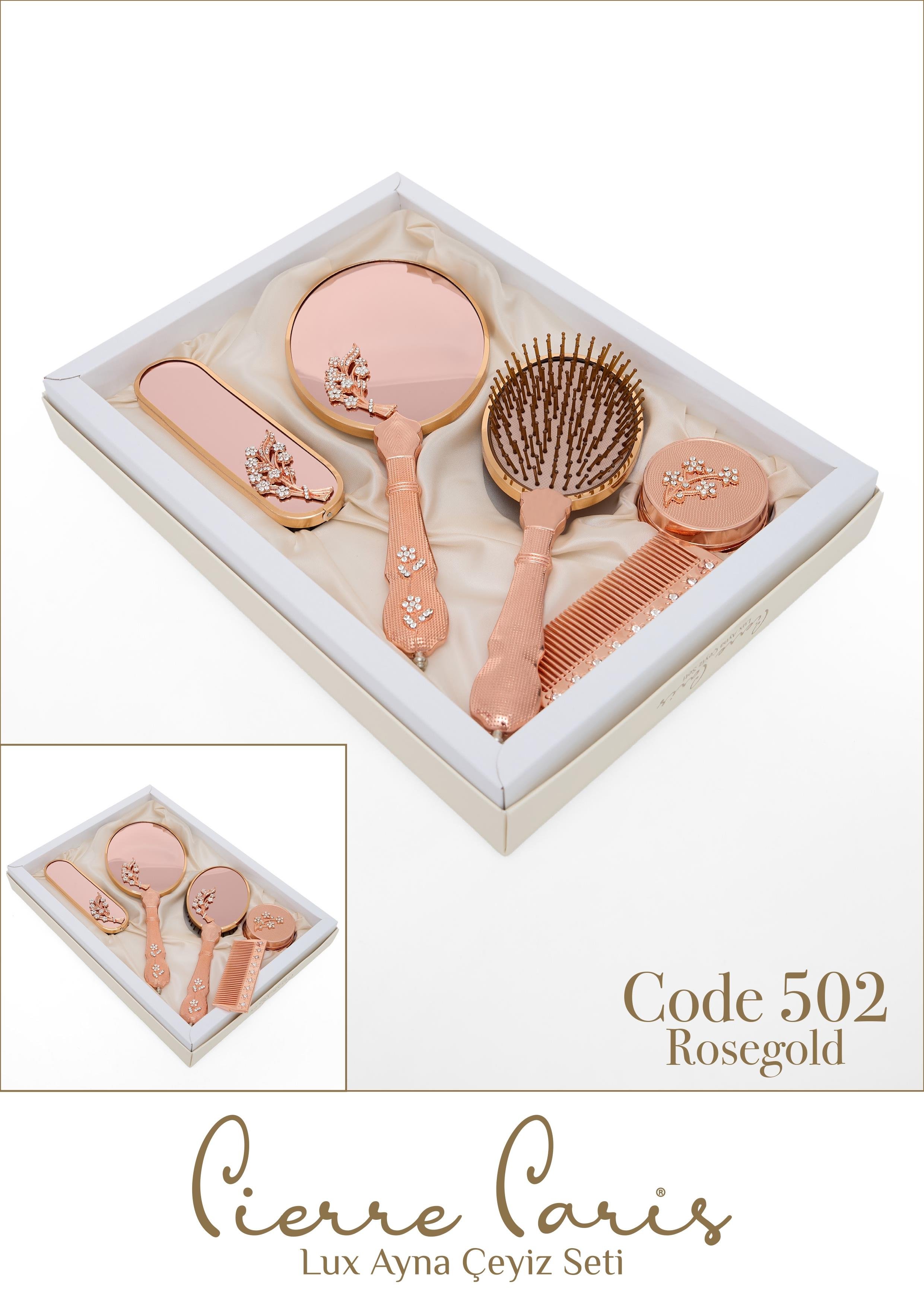 Pierre Paris Rose Gold Lux Ayna Çeyiz Seti | Üzümlü Motifli 4'lü Set