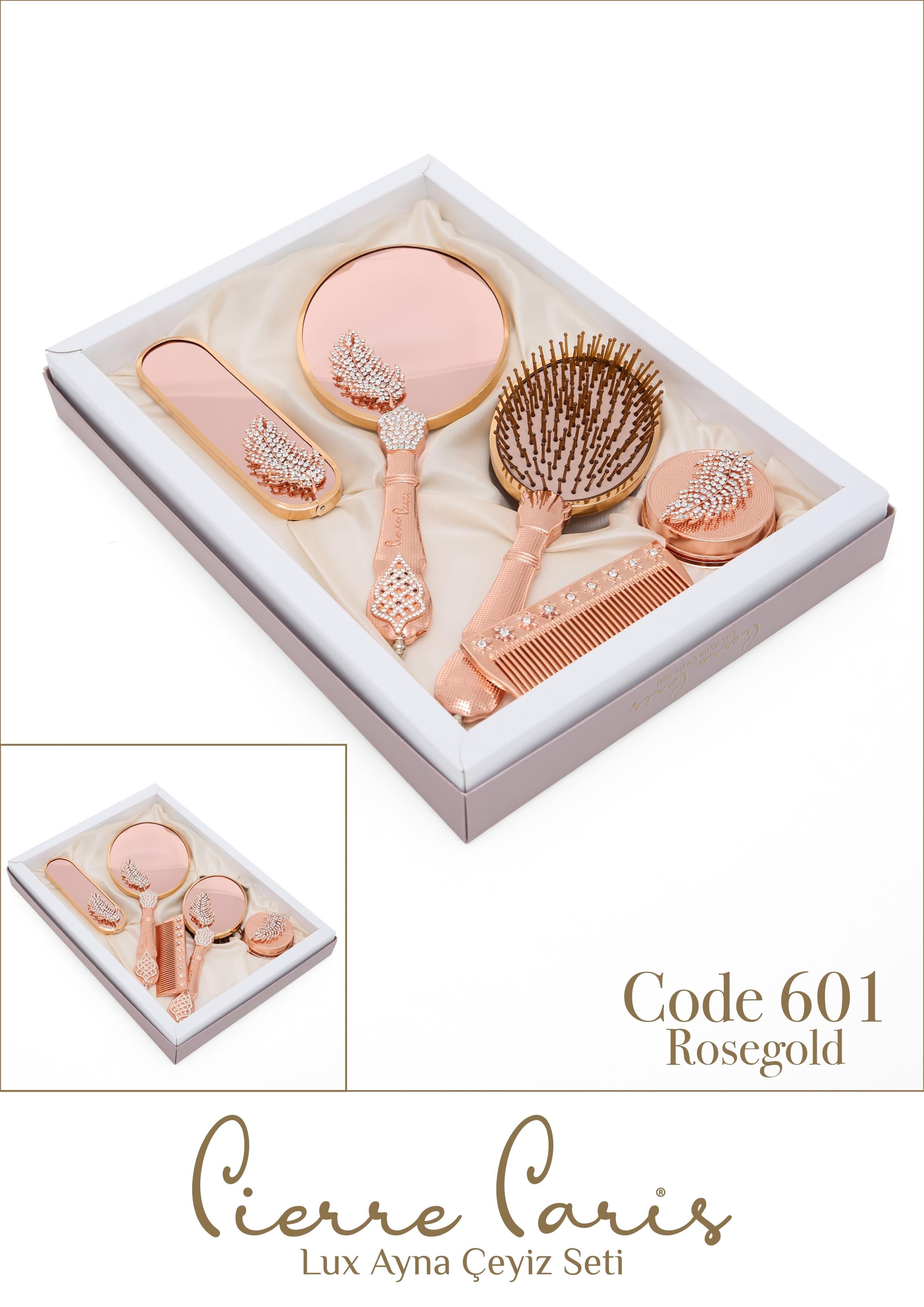 Pierre Paris Rose Gold Lux Ayna Çeyiz Seti | Yaprak Motifli 5'li Set