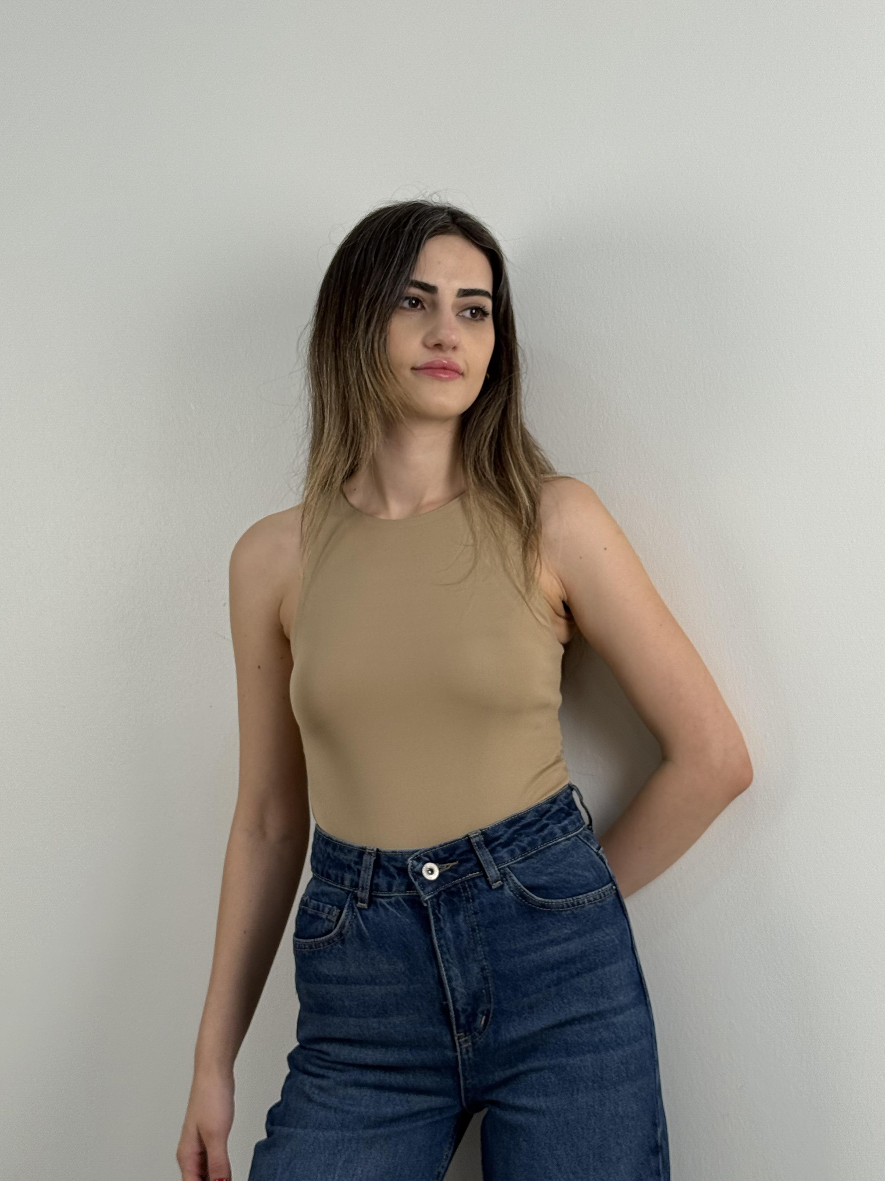 Bej Halter Yaka Bodysuit