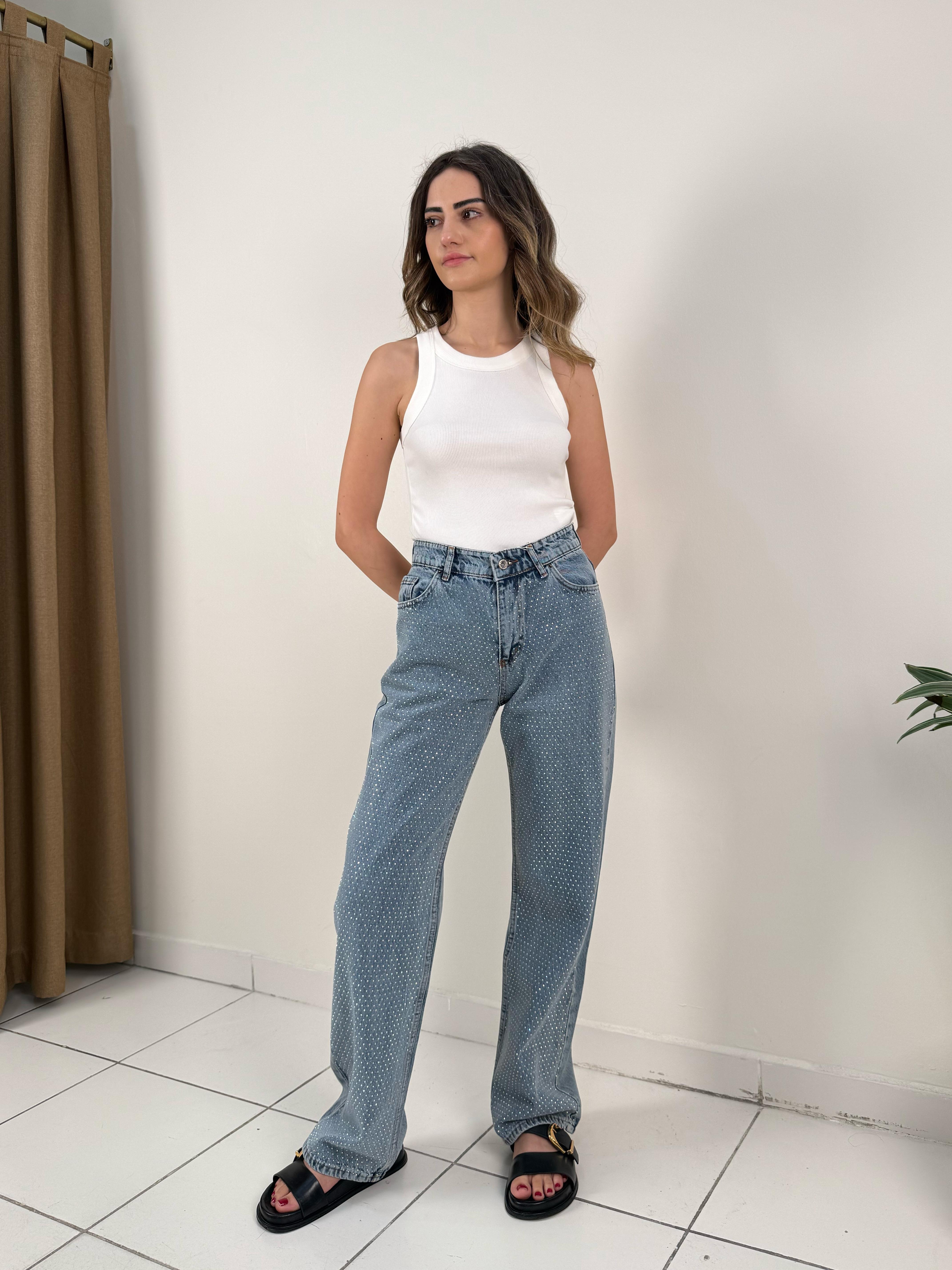 Yüksek Bel Taşlı Wide Leg Jean
