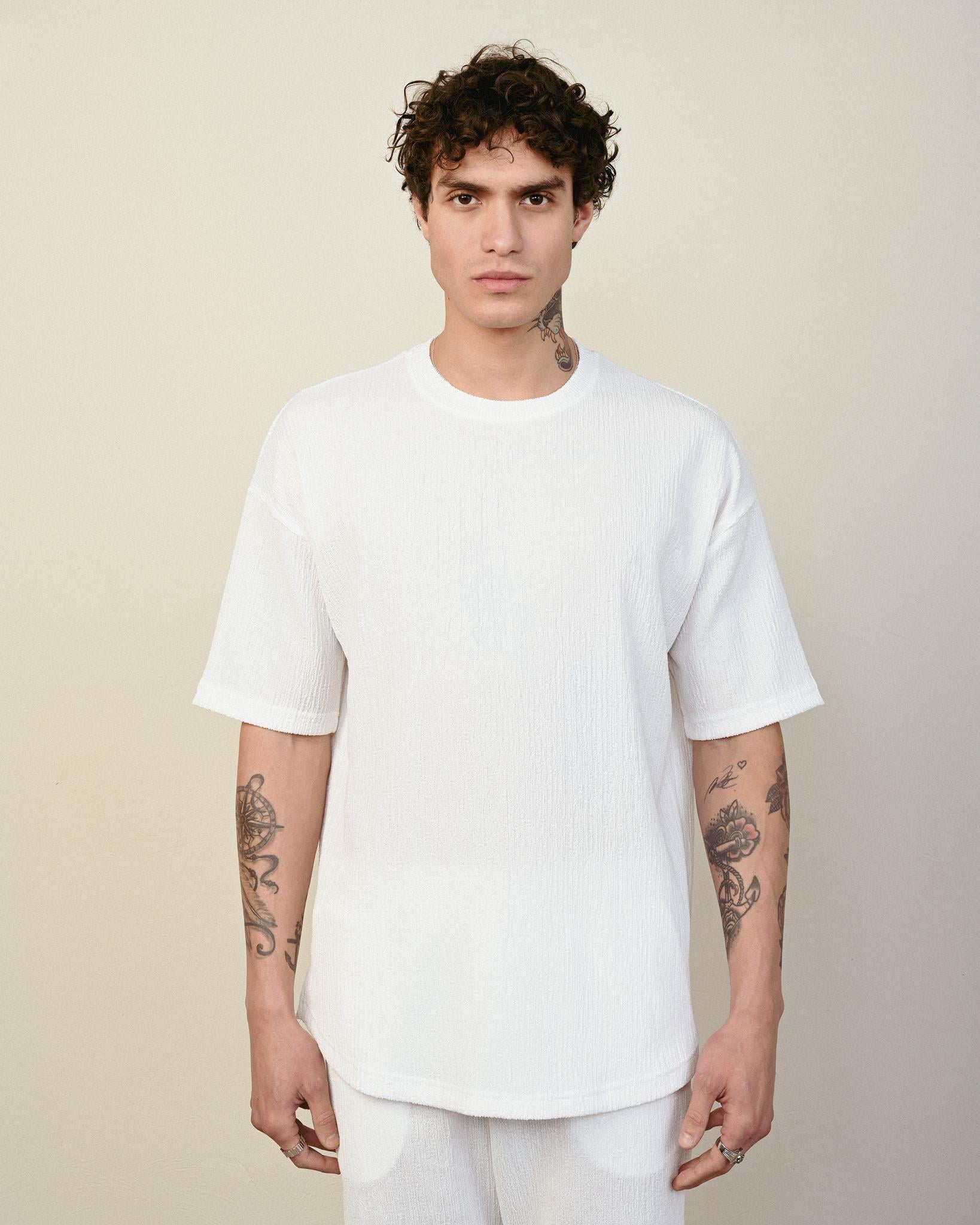 Bürümcük Kumaş Oversize Tshirt Beyaz