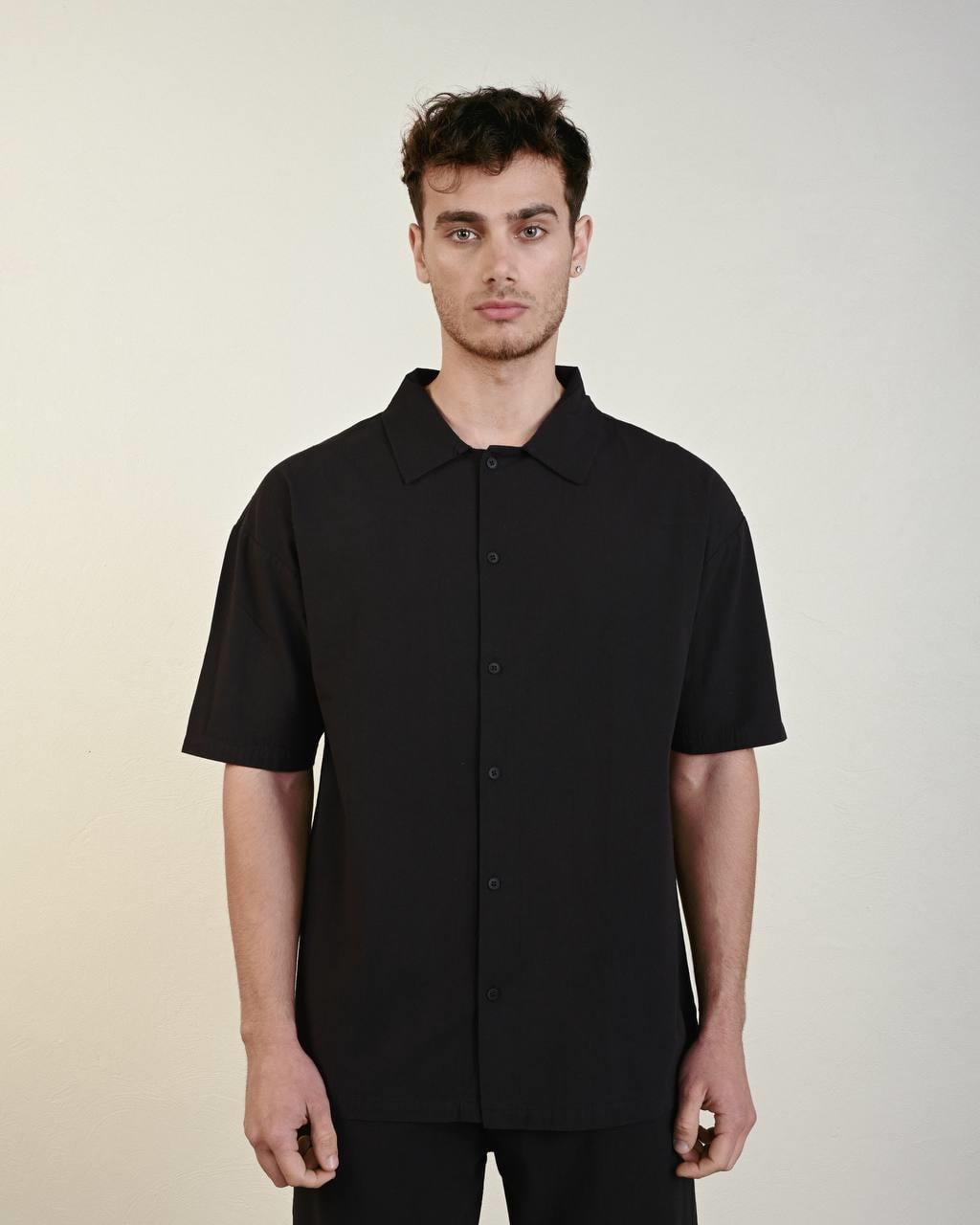 Sert Keten Oversize Gömlek Siyah