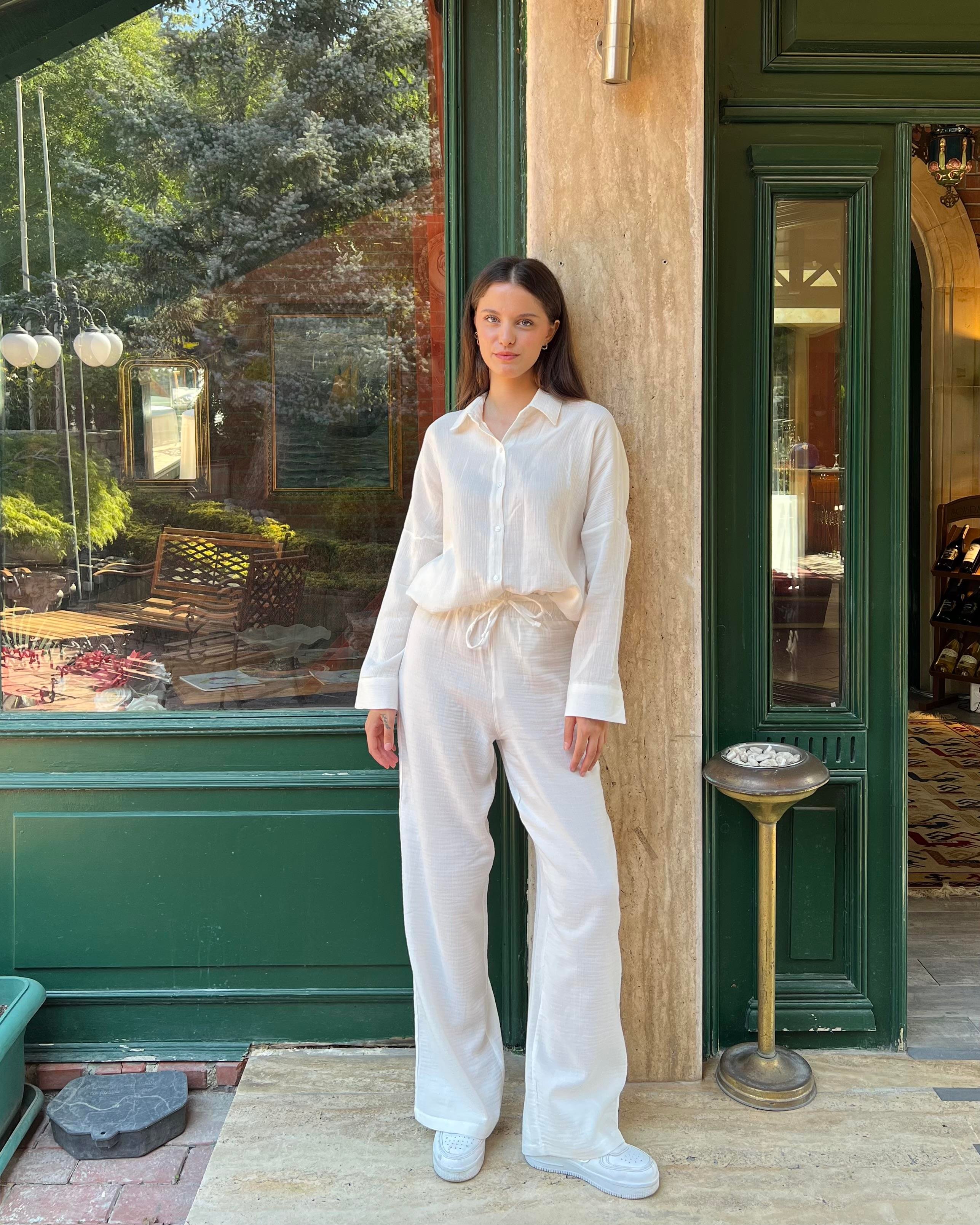 Beyaz Muslin Kumaş Basic Alt Üst Takım