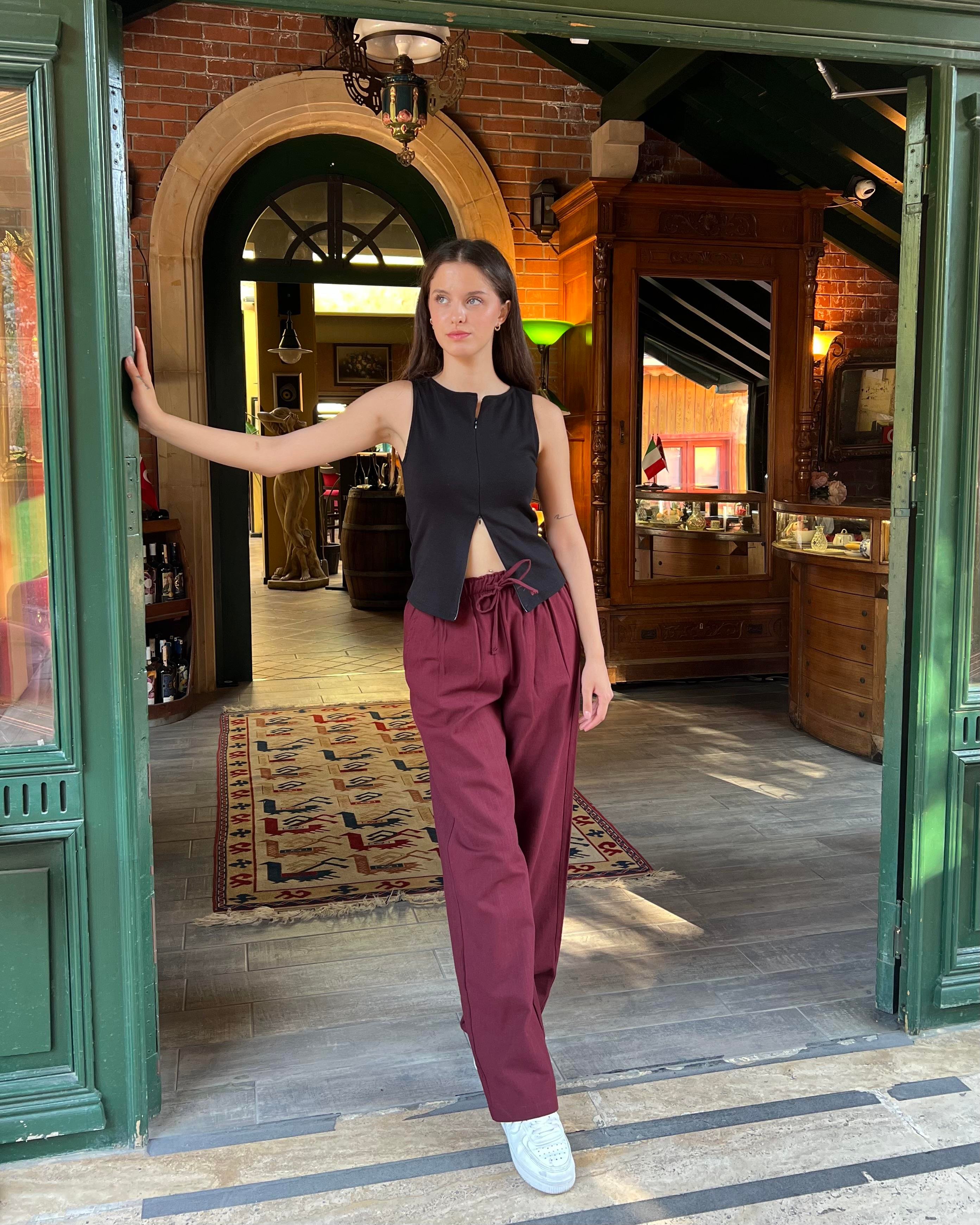 Bordo Beli Büzgülü Wide Leg Kumaş Pantolon 