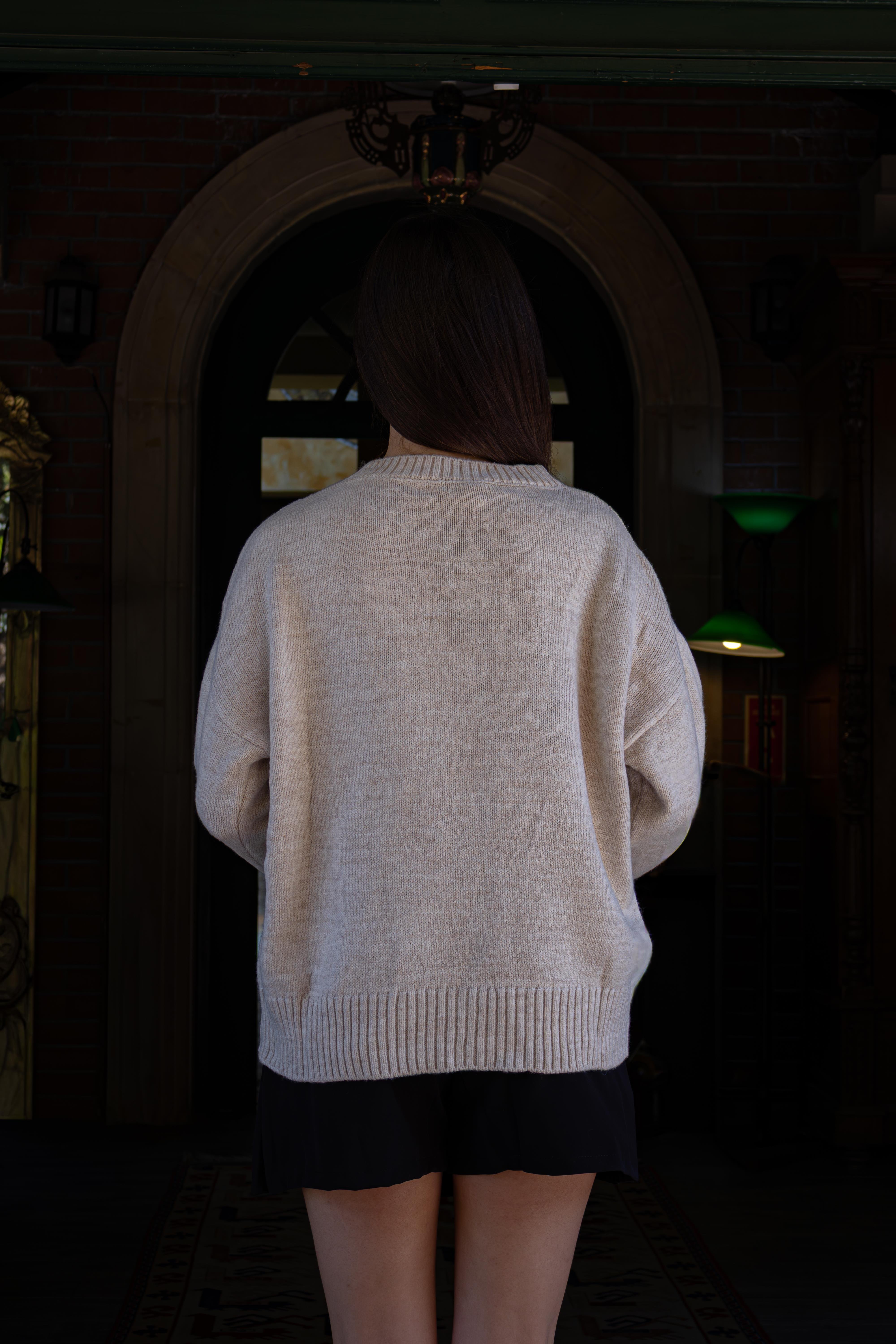 Ekru Bisiklet Yaka Oversize Triko Kazak 