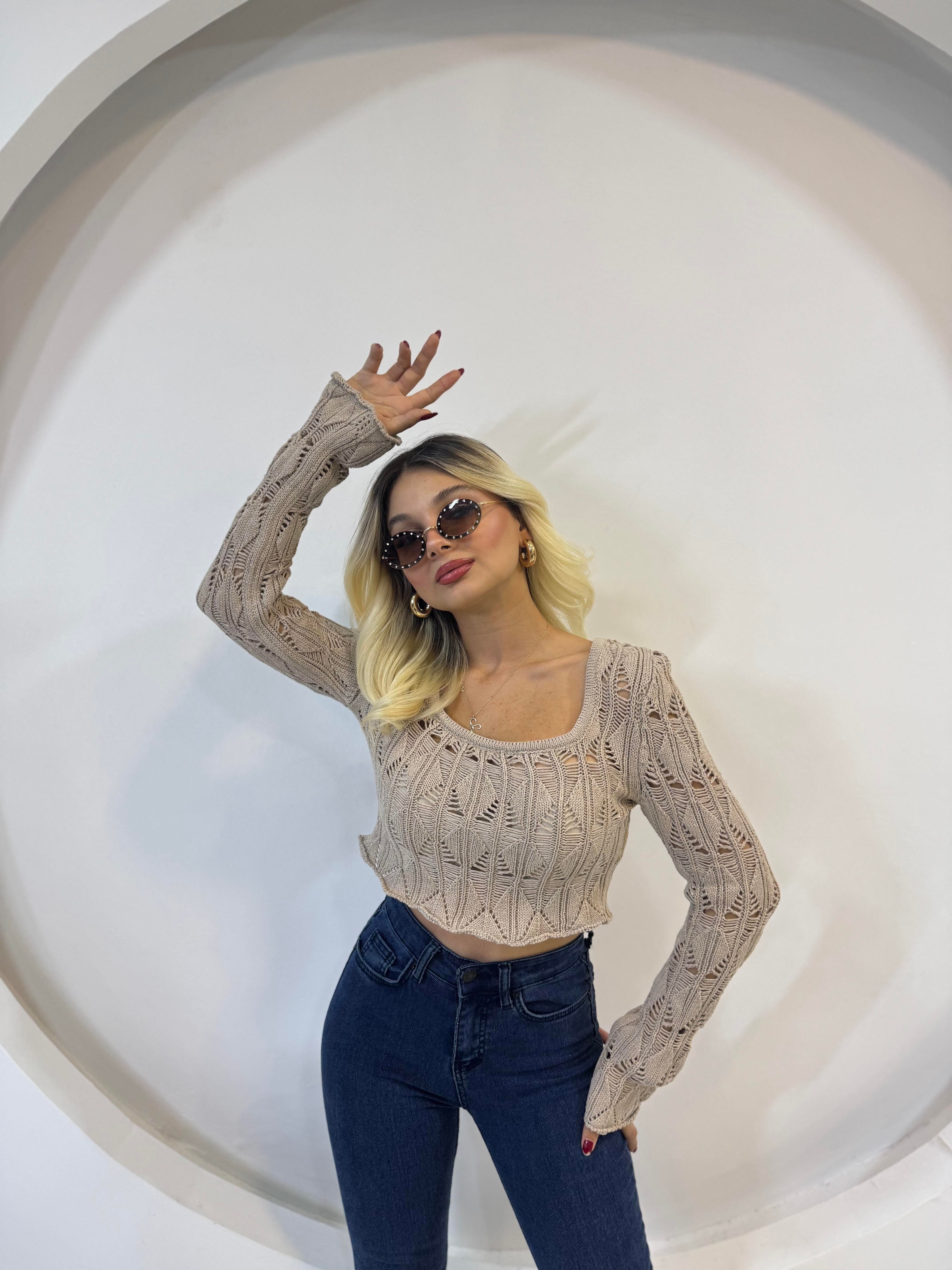 Örgü Uzun kol Crop Bluz