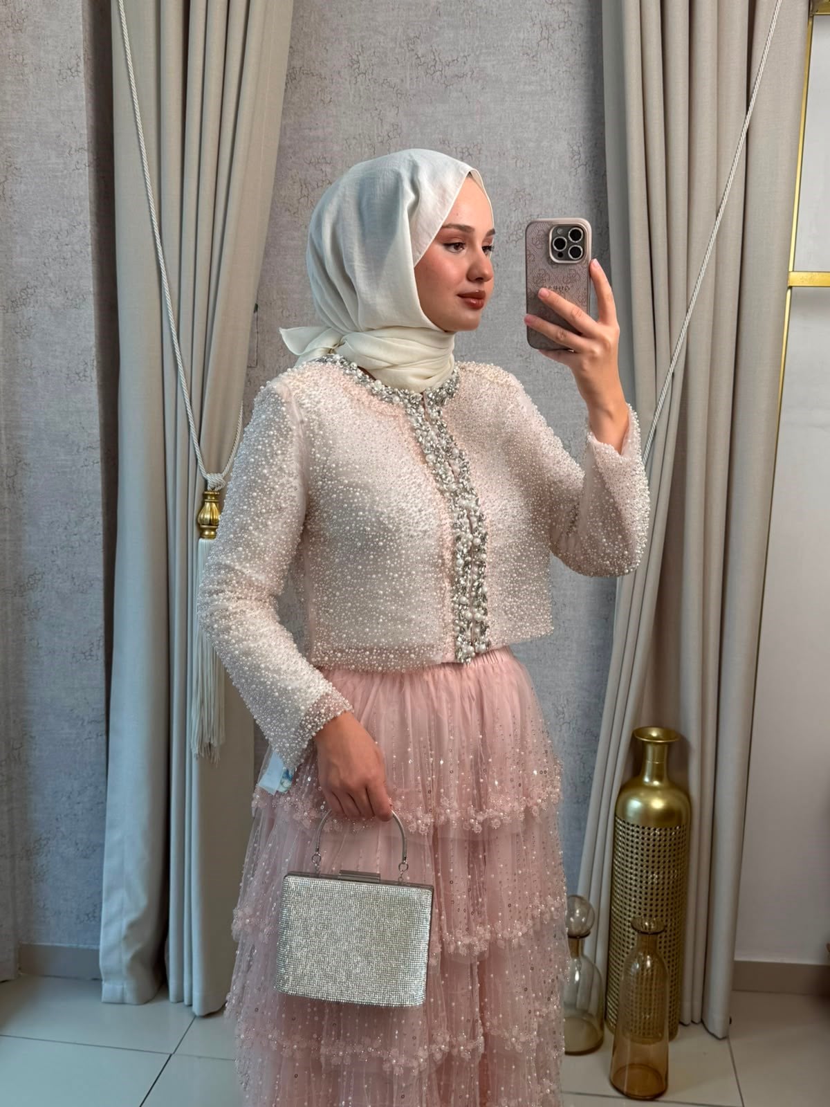 MMZ Taş Ve Boncuk İşlemeli Abiye Ceket Pudra
