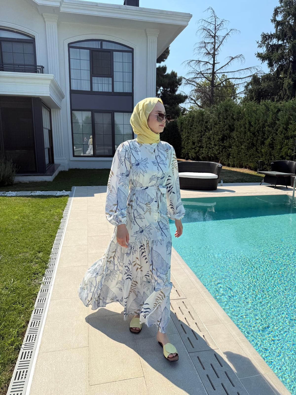 Çiçekli YAzlık Elbise Mavi
