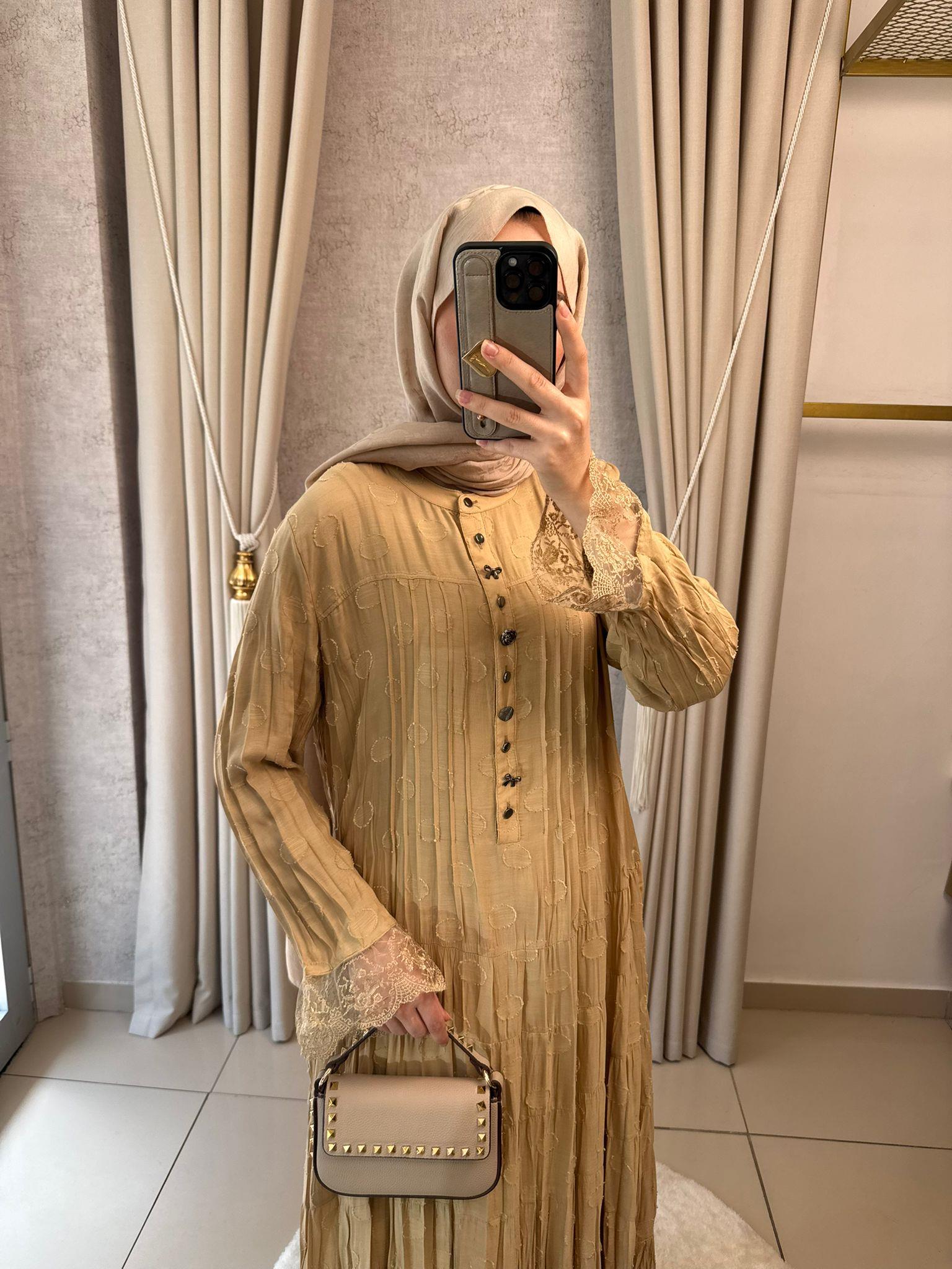 Lissmore 6303 Etek Ucu Dantel Detay Elbise Camel
