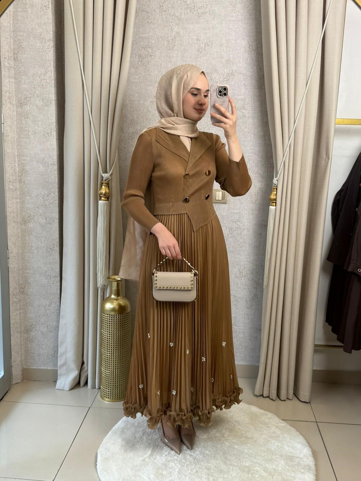MMZ Eteği İncili Akordiyon Elbise Camel