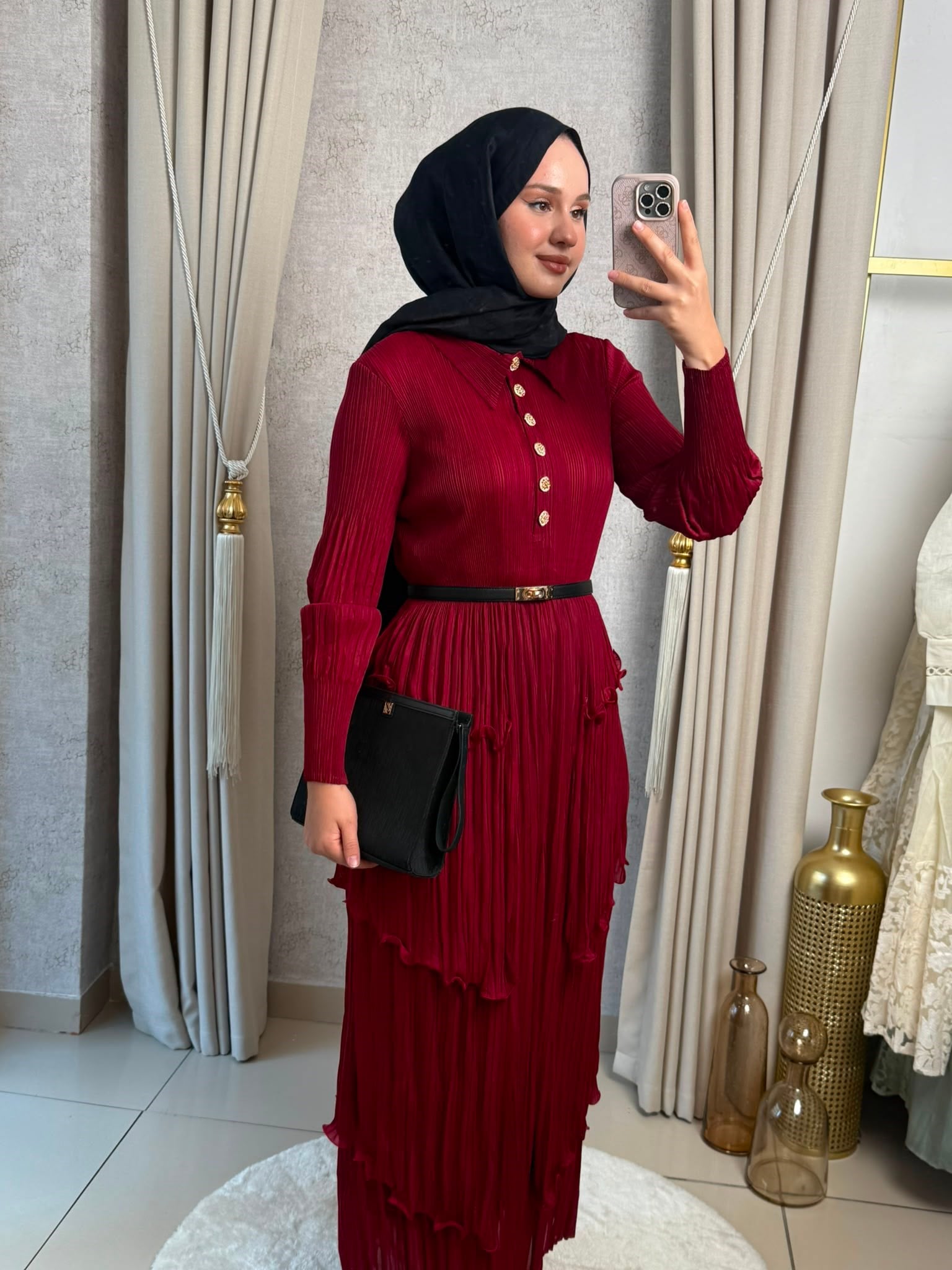MMZ Fırfır Detaylı Düğmeli Akordiyon Elbise Bordo
