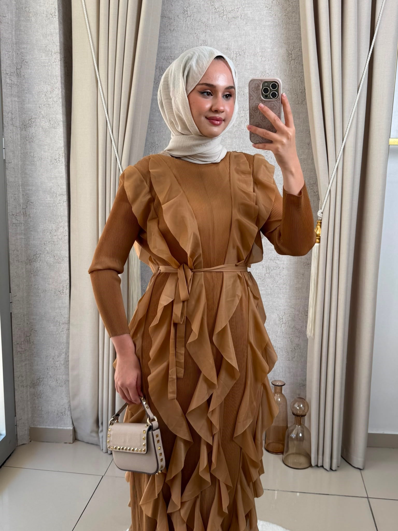 MMZ Fırfırlı Akordiyon Elbise Camel