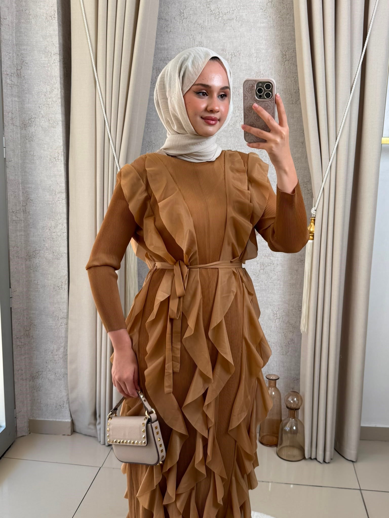 MMZ Fırfırlı Akordiyon Elbise Camel