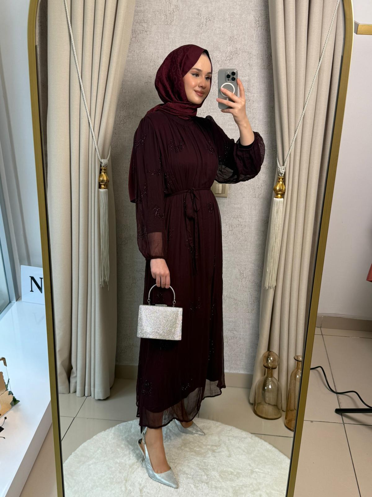 MMZ Taş Baskılı Şifon Elbise Bordo