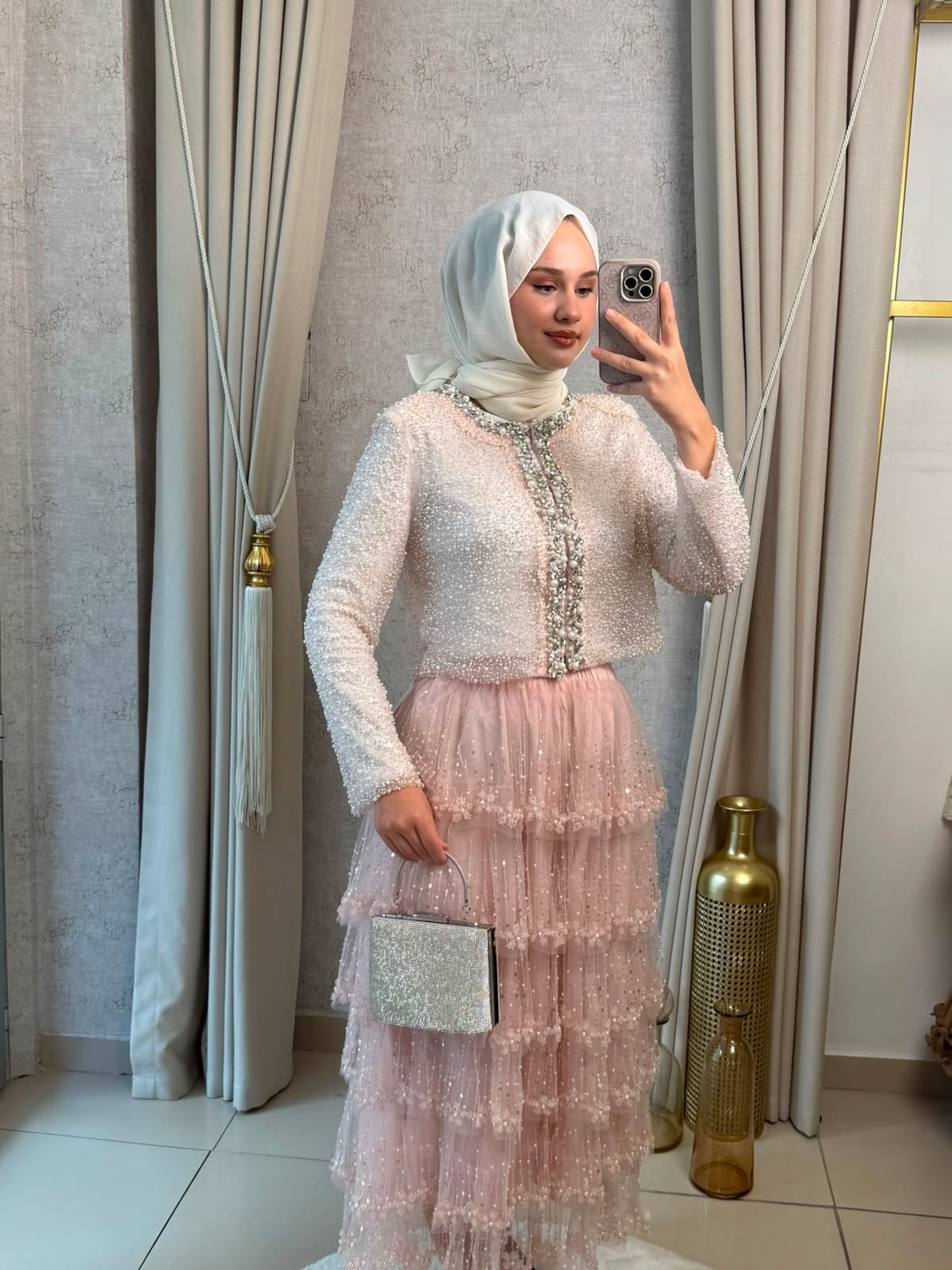 MMZ Taşlı Kat Kat Etek Pembe