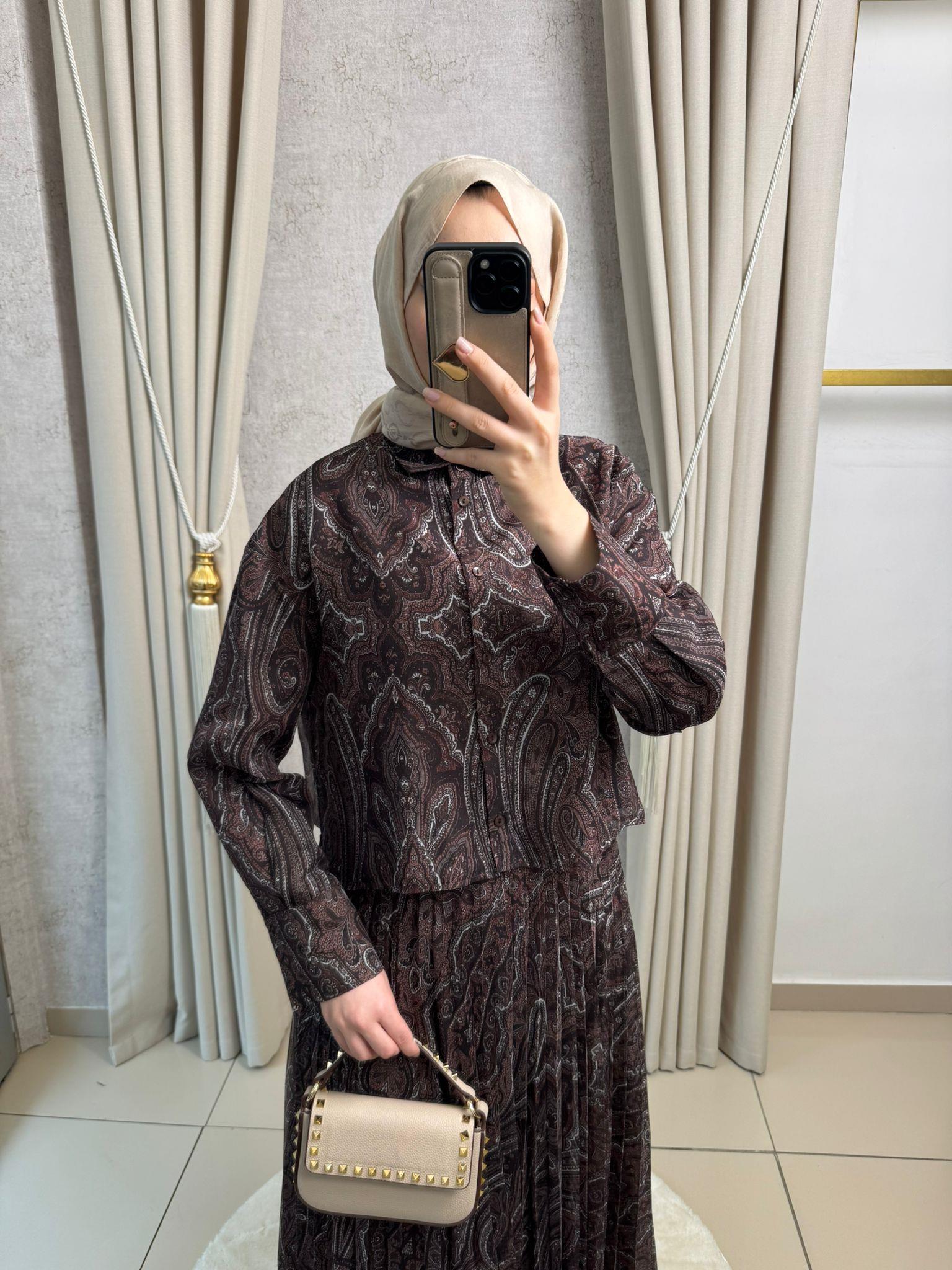 Miori Ethnic Pilise Soft Touch  Şifon Etekli Takım Kahverengi