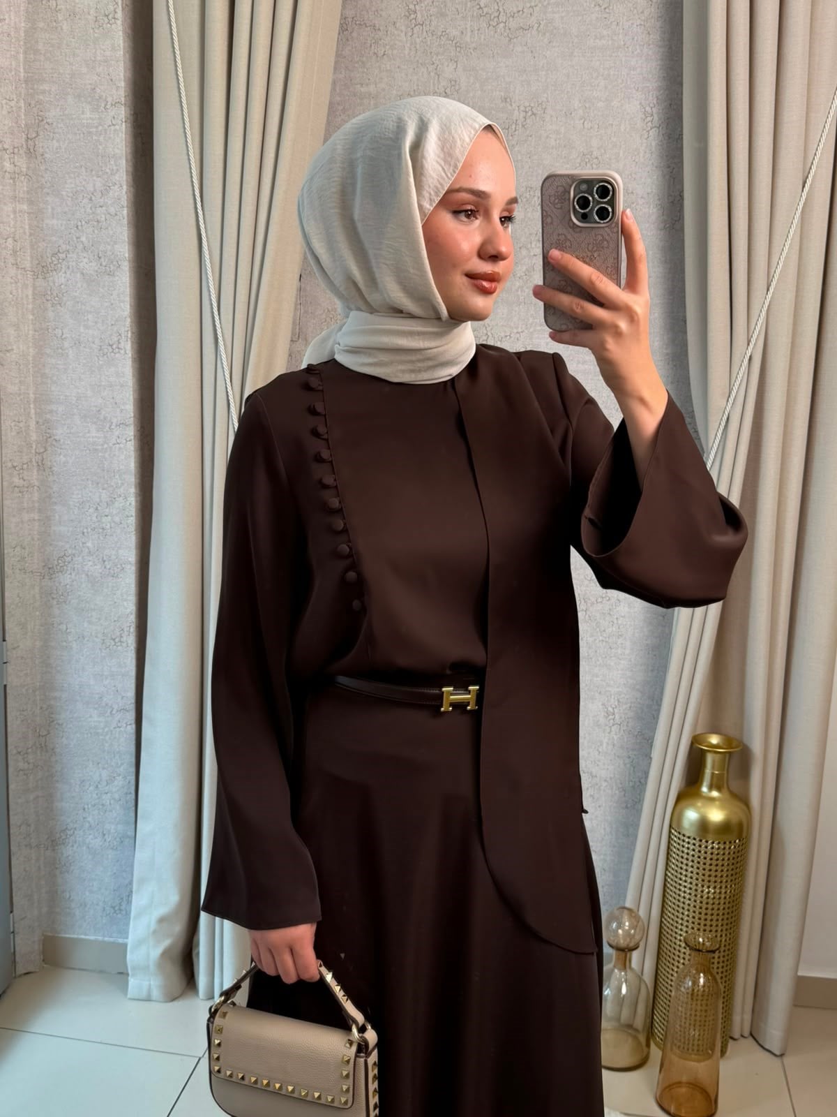 Miori Misse Brit Düğmeli Etekli Takım Kahverengi 