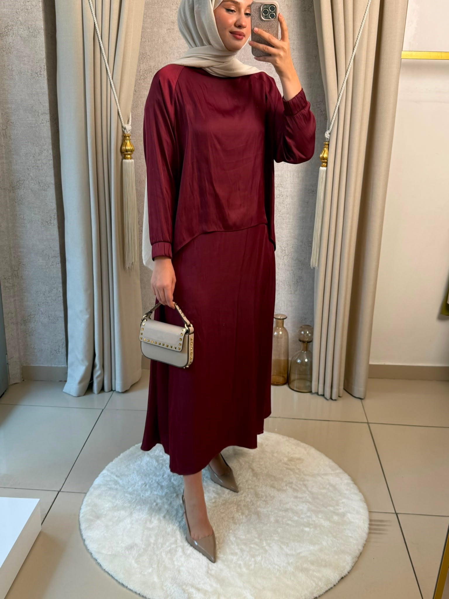 Miori Ramos Premium Saten Etekli Takım Bordo
