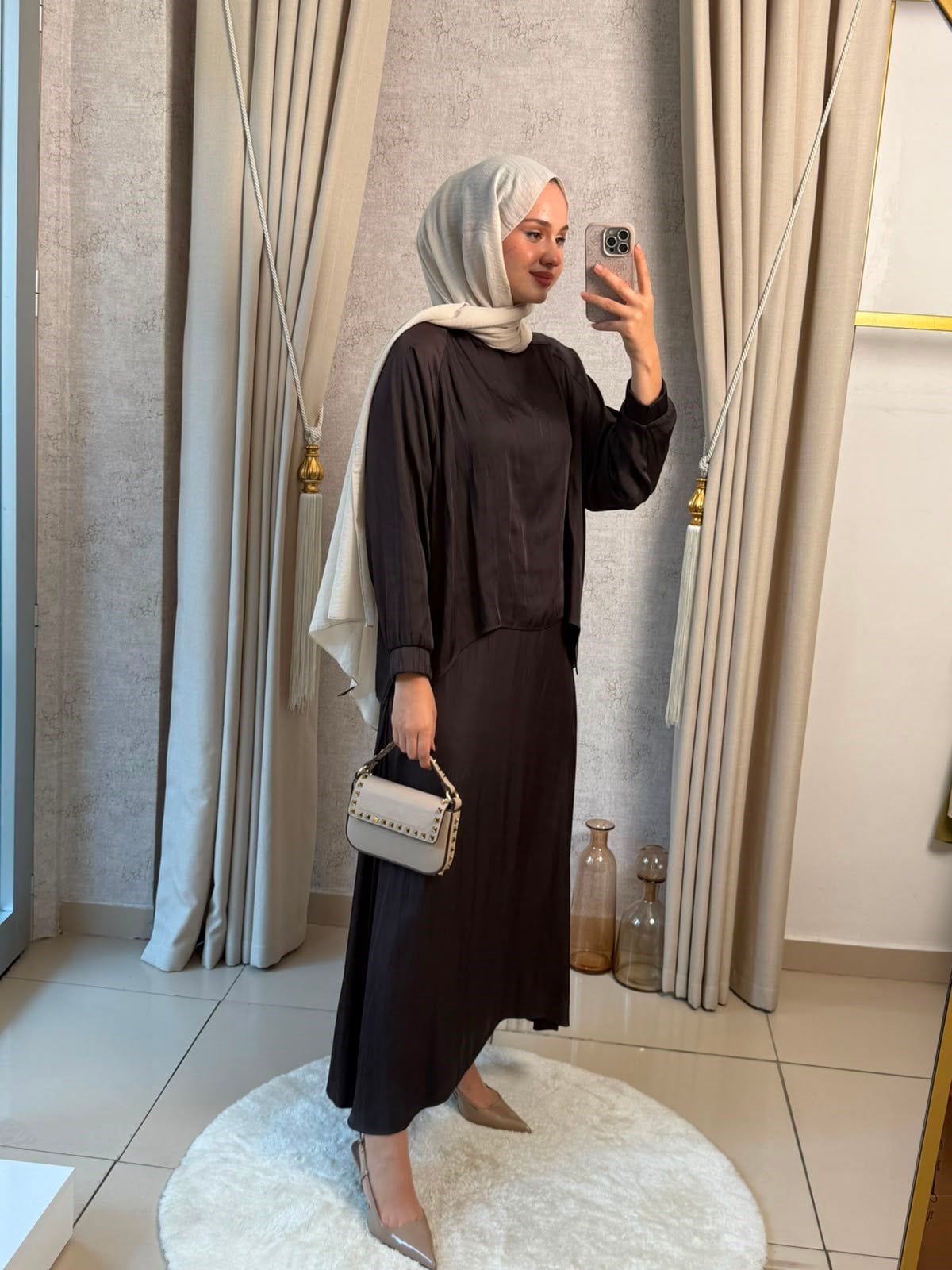 Miori Ramos Premium Saten Etekli Takım Kahverengi