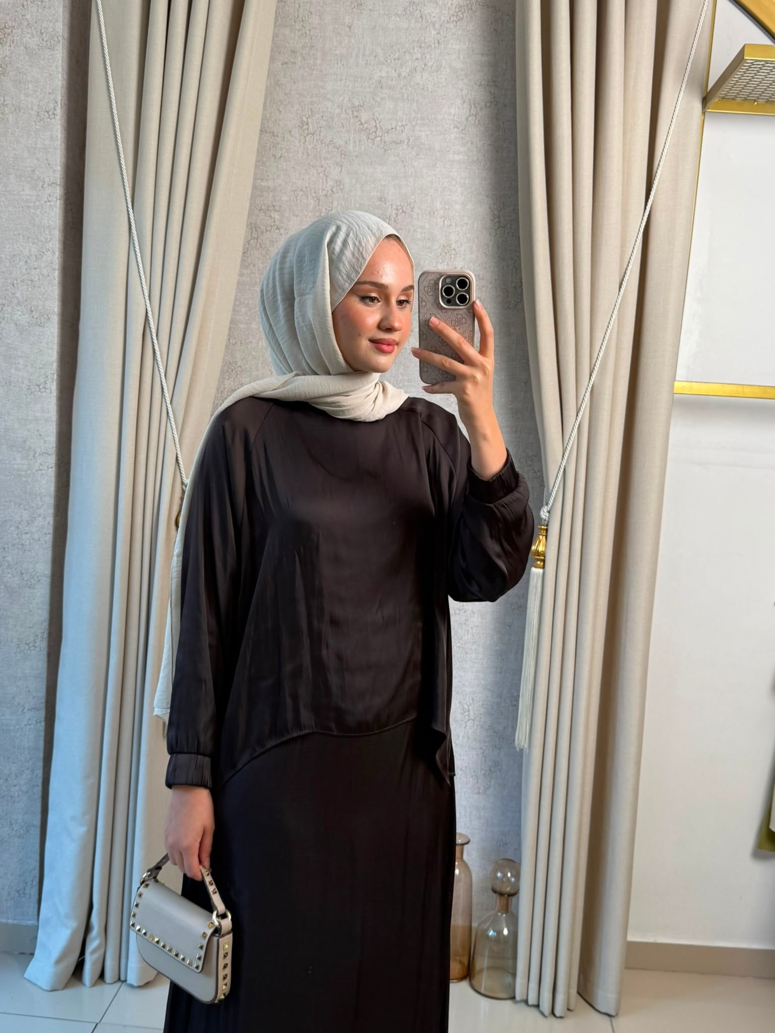 Miori Ramos Premium Saten Etekli Takım Kahverengi