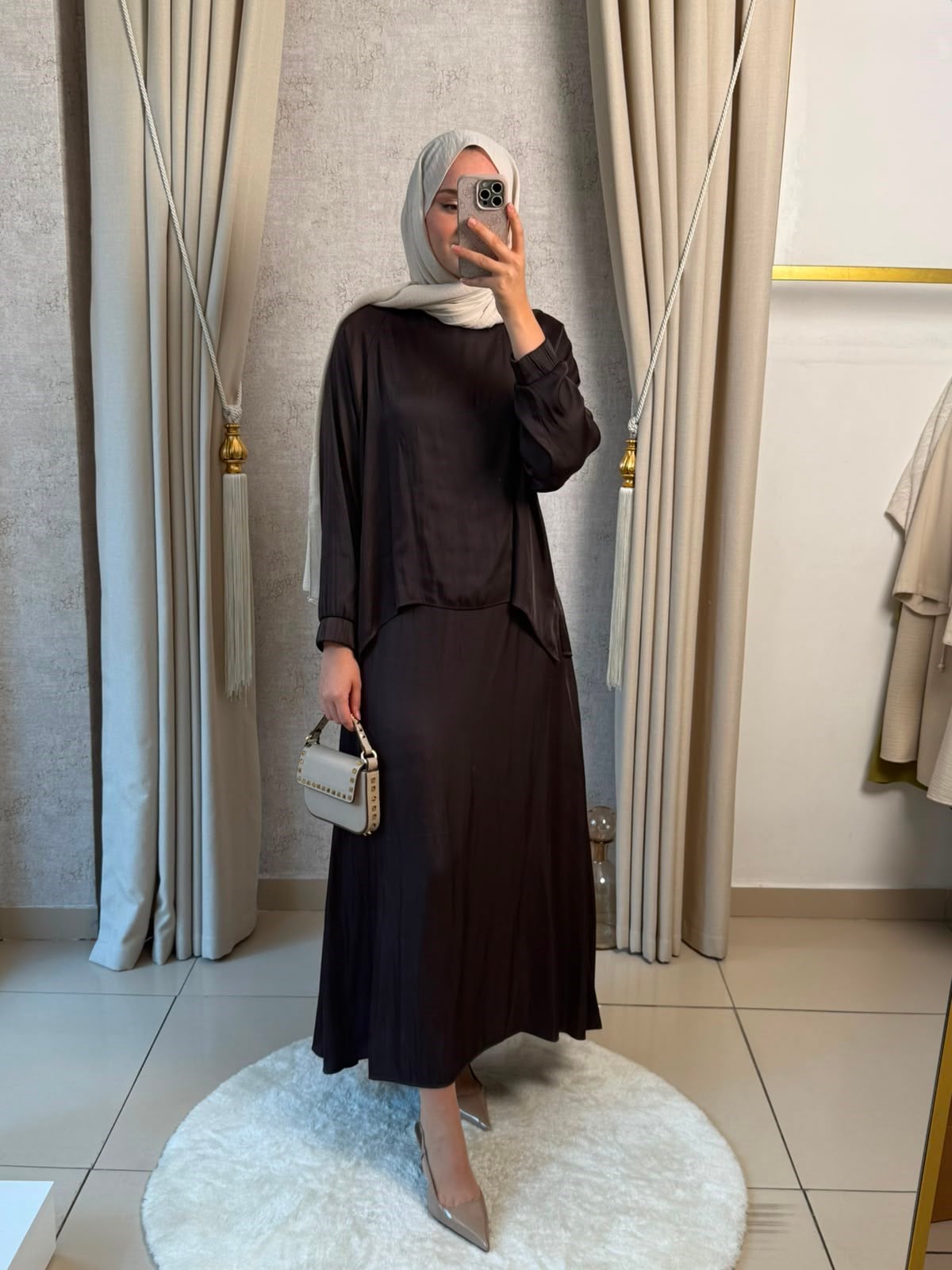 Miori Ramos Premium Saten Etekli Takım Kahverengi