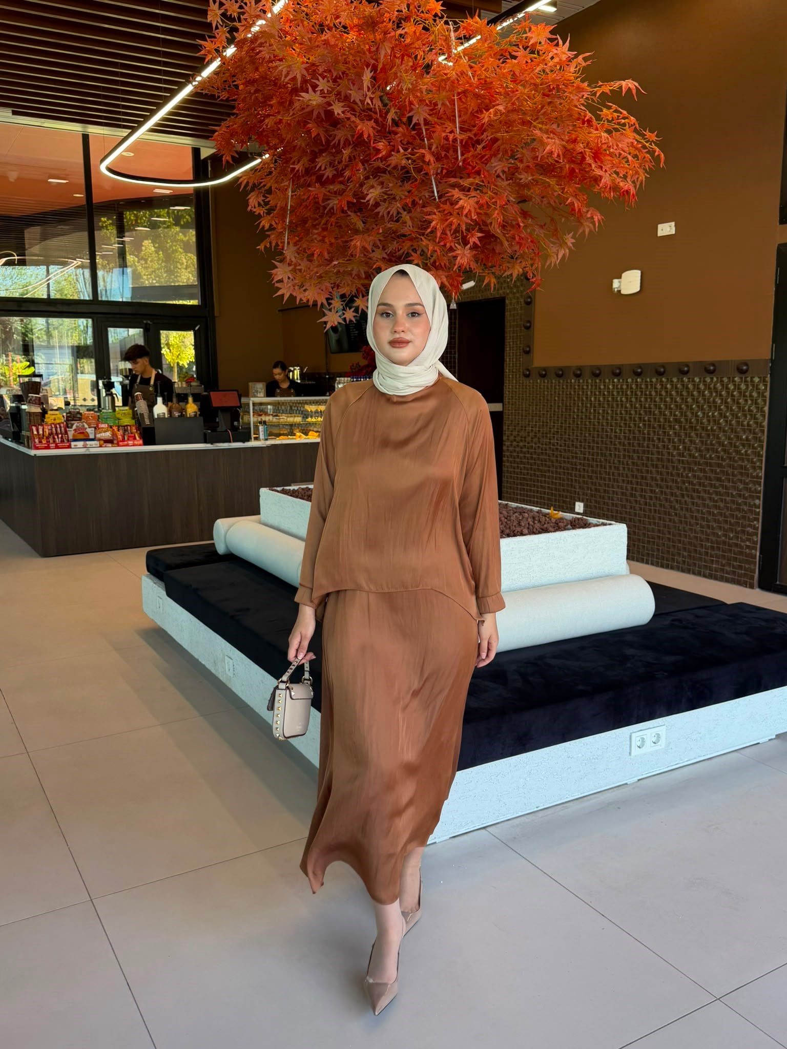 Miori Ramos Premium Saten Etekli Takım Camel