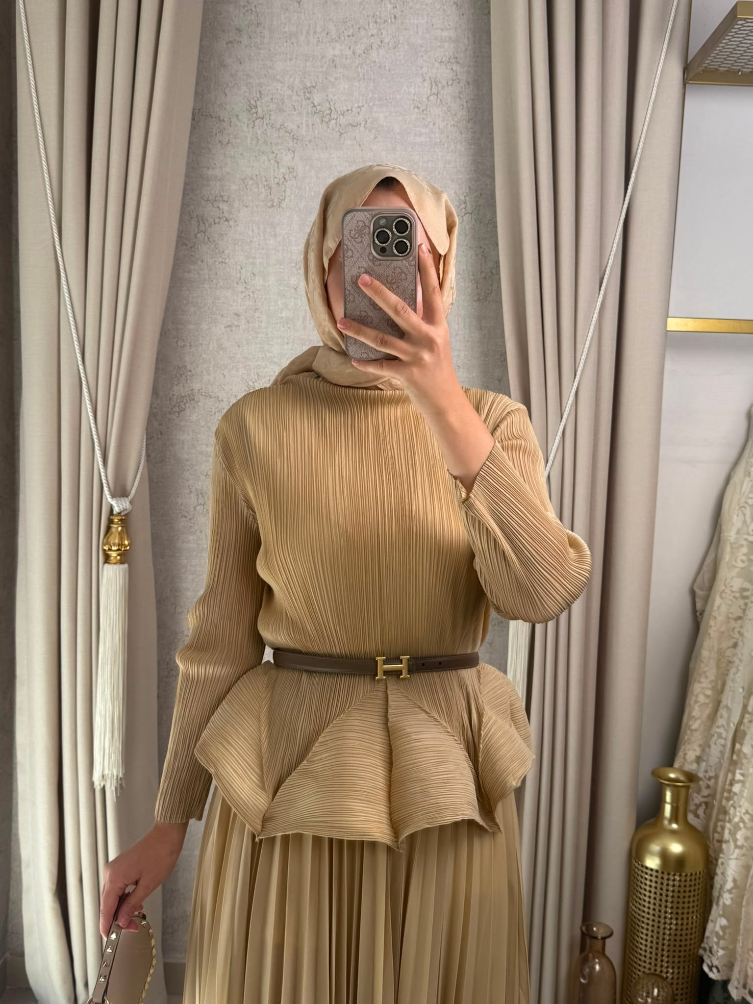 MMZ Akordiyon Kumaş Pilise Etekli Takım Camel