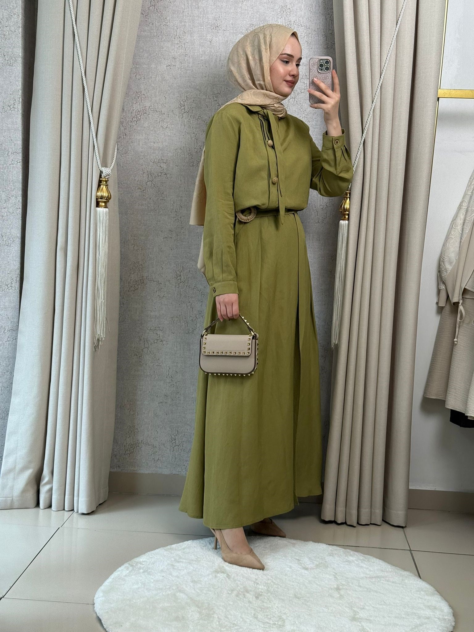 Tığ Triko 5143 Hasır Aksesuarlı Etekli Takım Olive