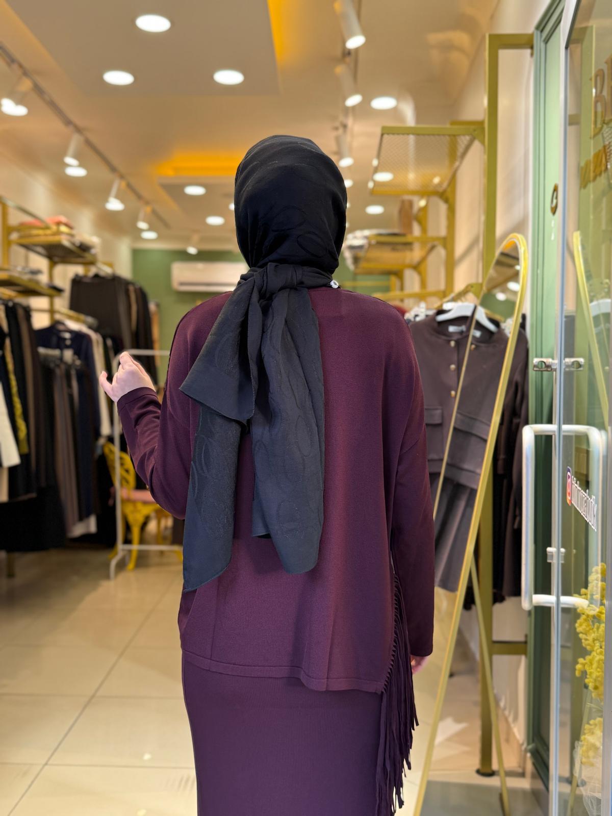 Tığ Triko Püskül Detaylı Bluz Etek Rayon Takım 21983 MÜRDÜM