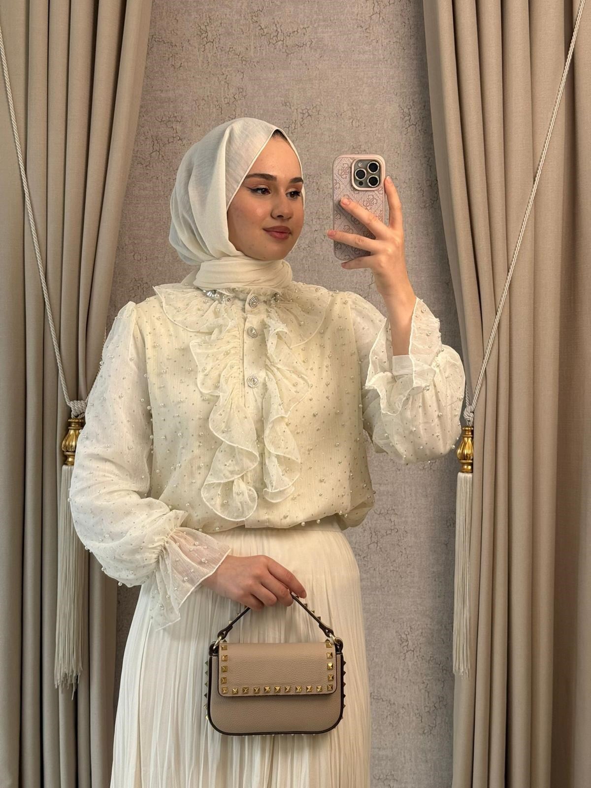 MMZ Şifon Kumaş İncili Tasarım Gömlek Ekru