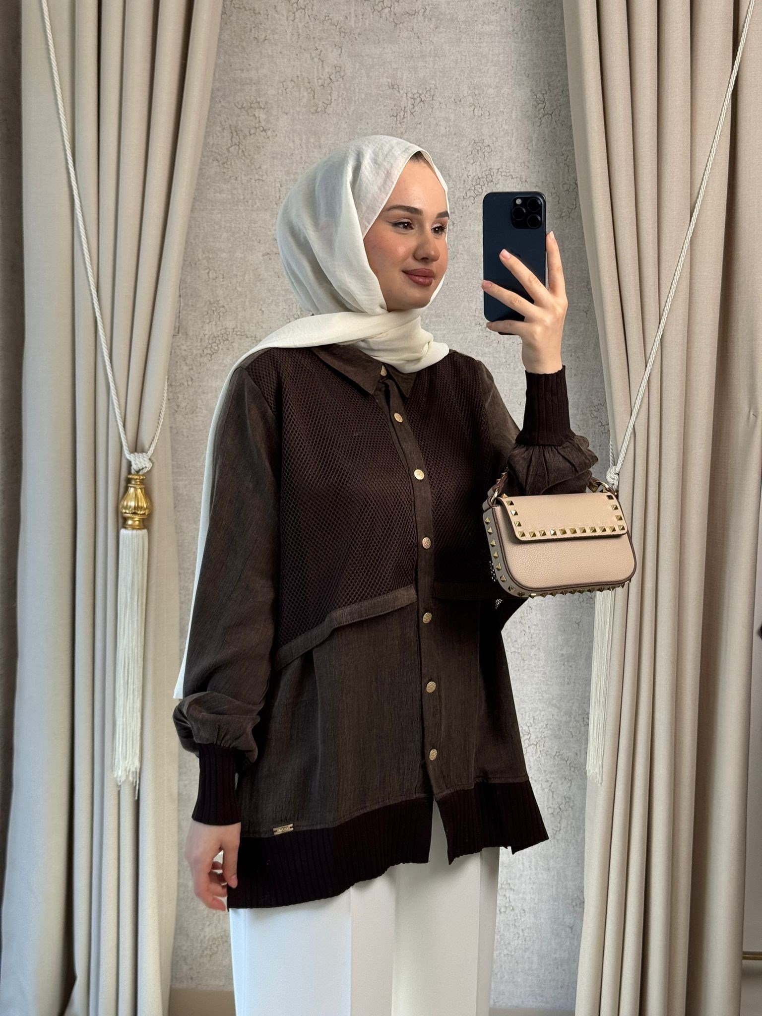 Niliwi 3125 Fileli Yelekli İpek Kupra Gömlek Kahverengi