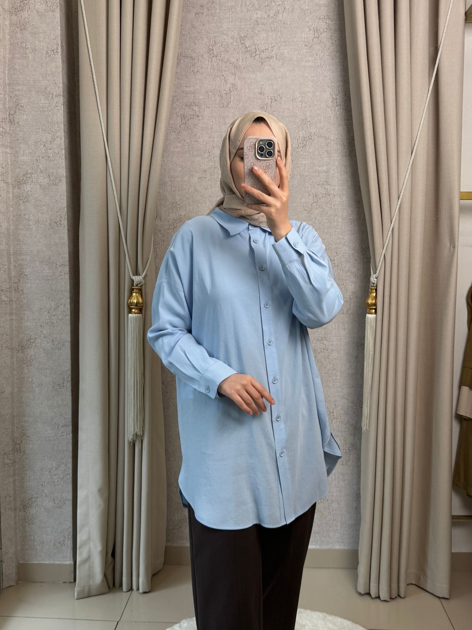 Tığ Triko 4037 Saten Yüzlü Oversize Gömlek Mavi