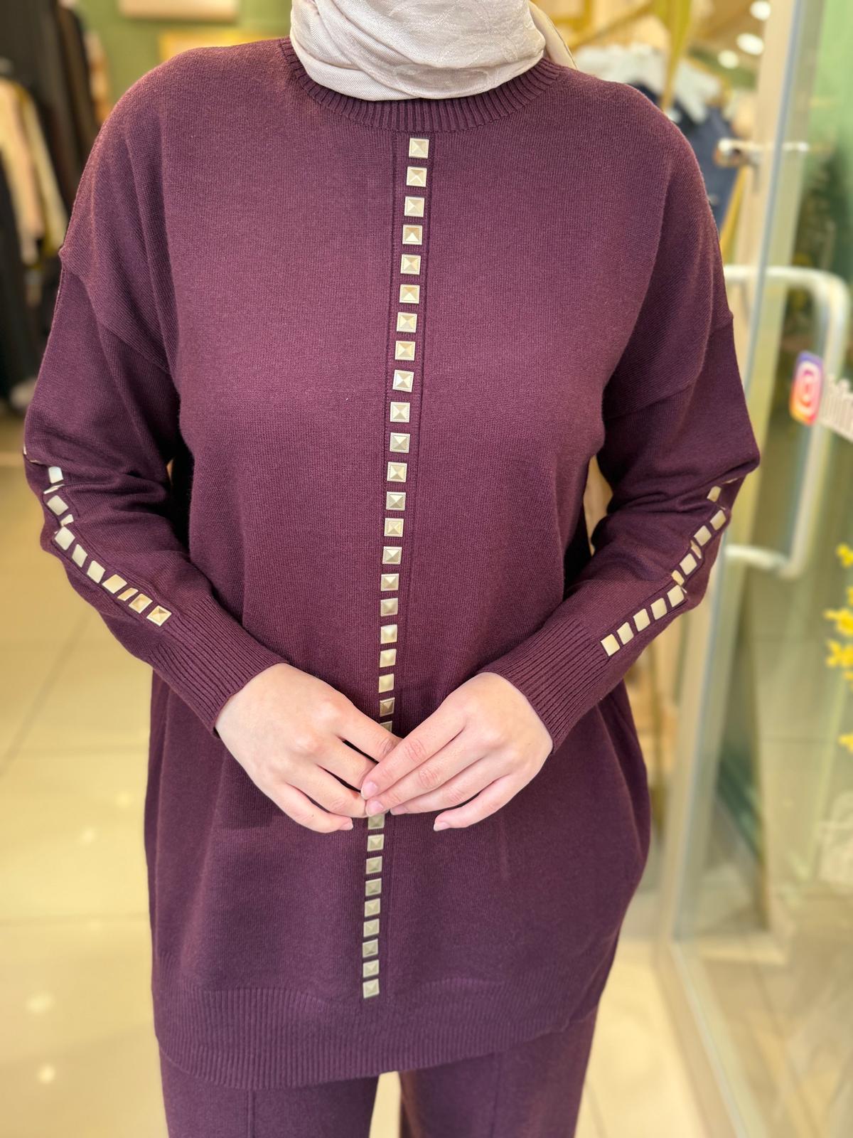 Tığ Triko Şerit Taş İşlemeli Tunik Pantolon Takım 22005 Bordo