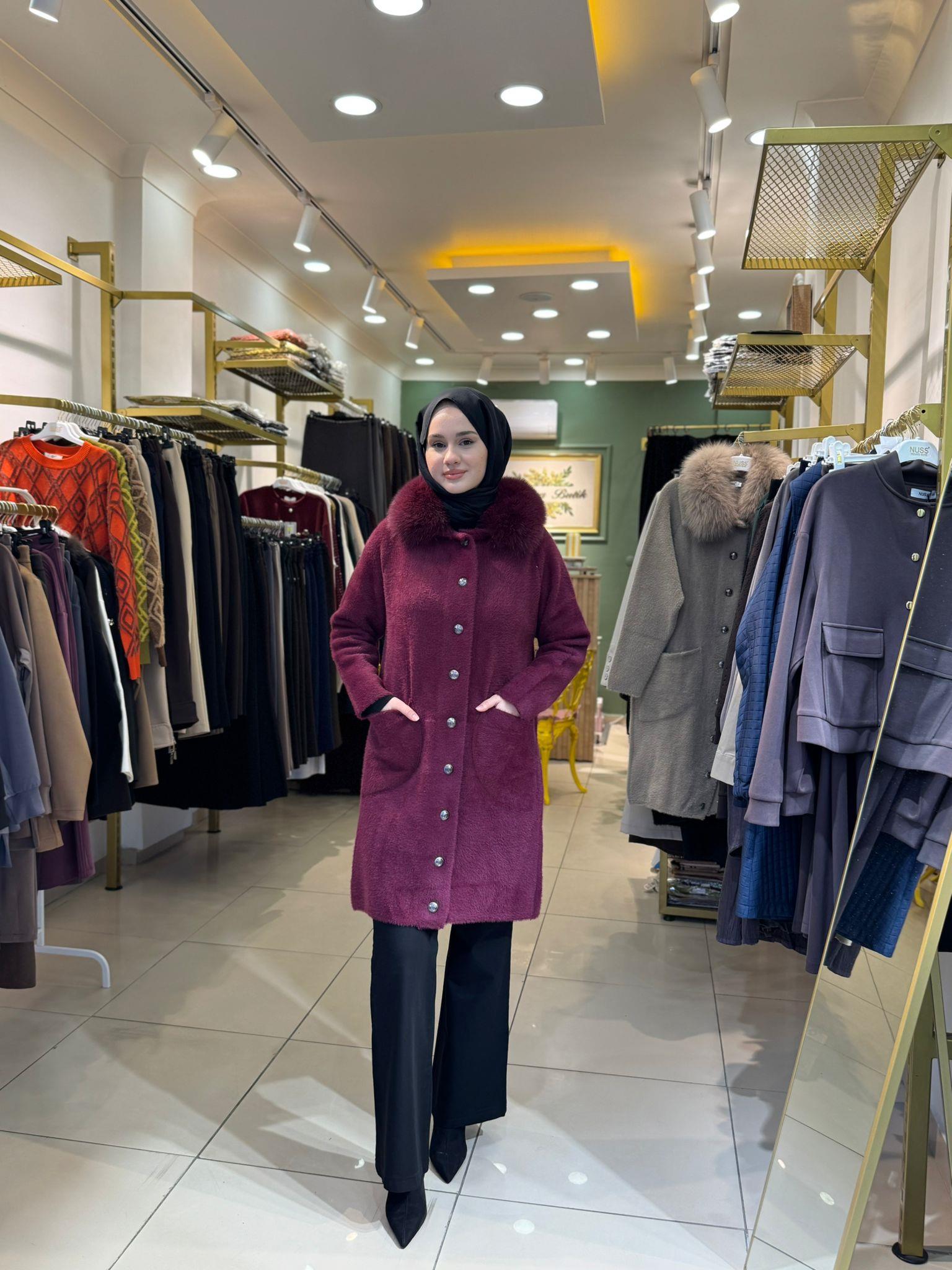 Nuss 7011 Yakası Kürklü Angora Kaban Bordo