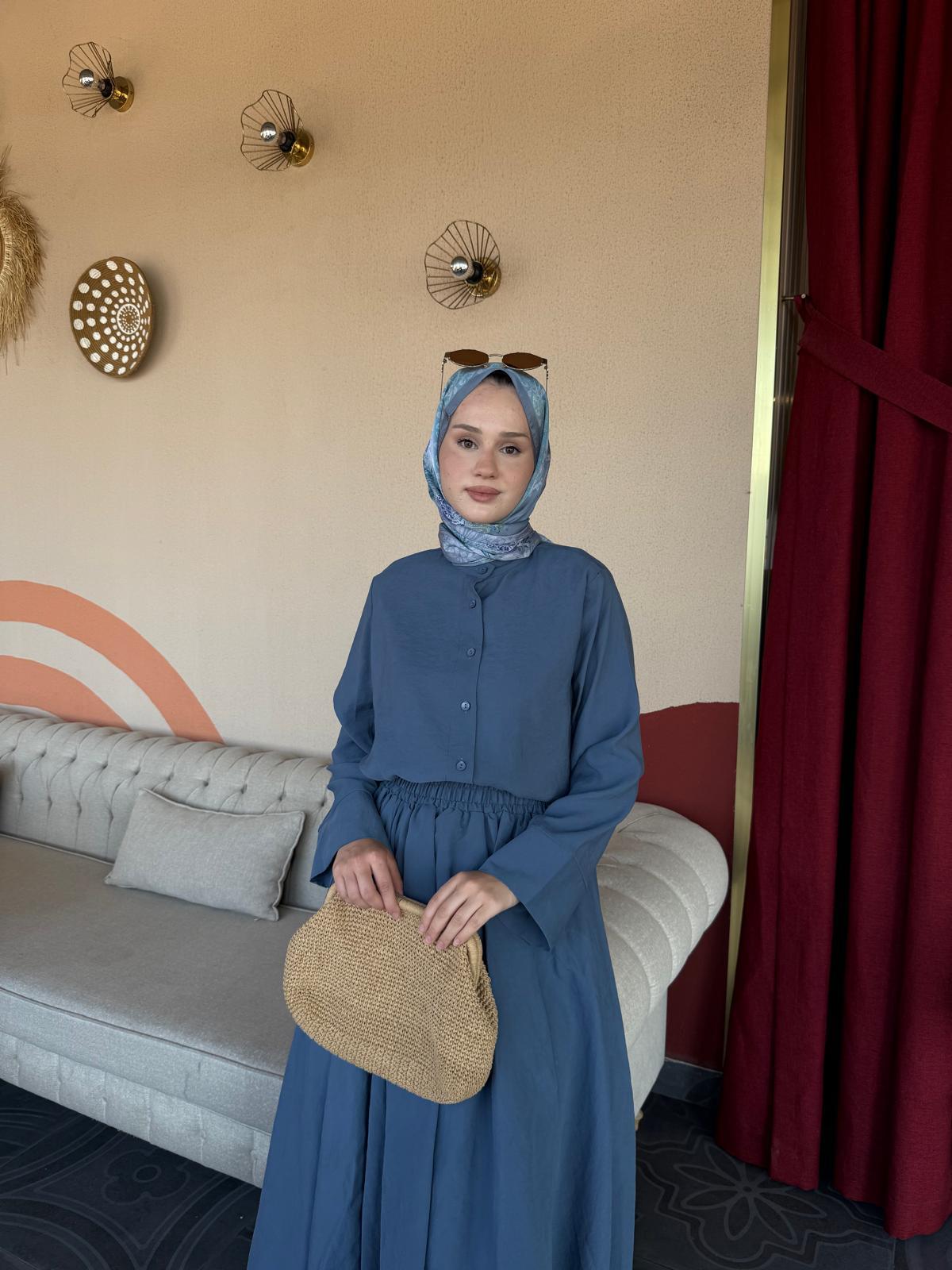 Modal Kumaş Balon Etek Takım Mavi