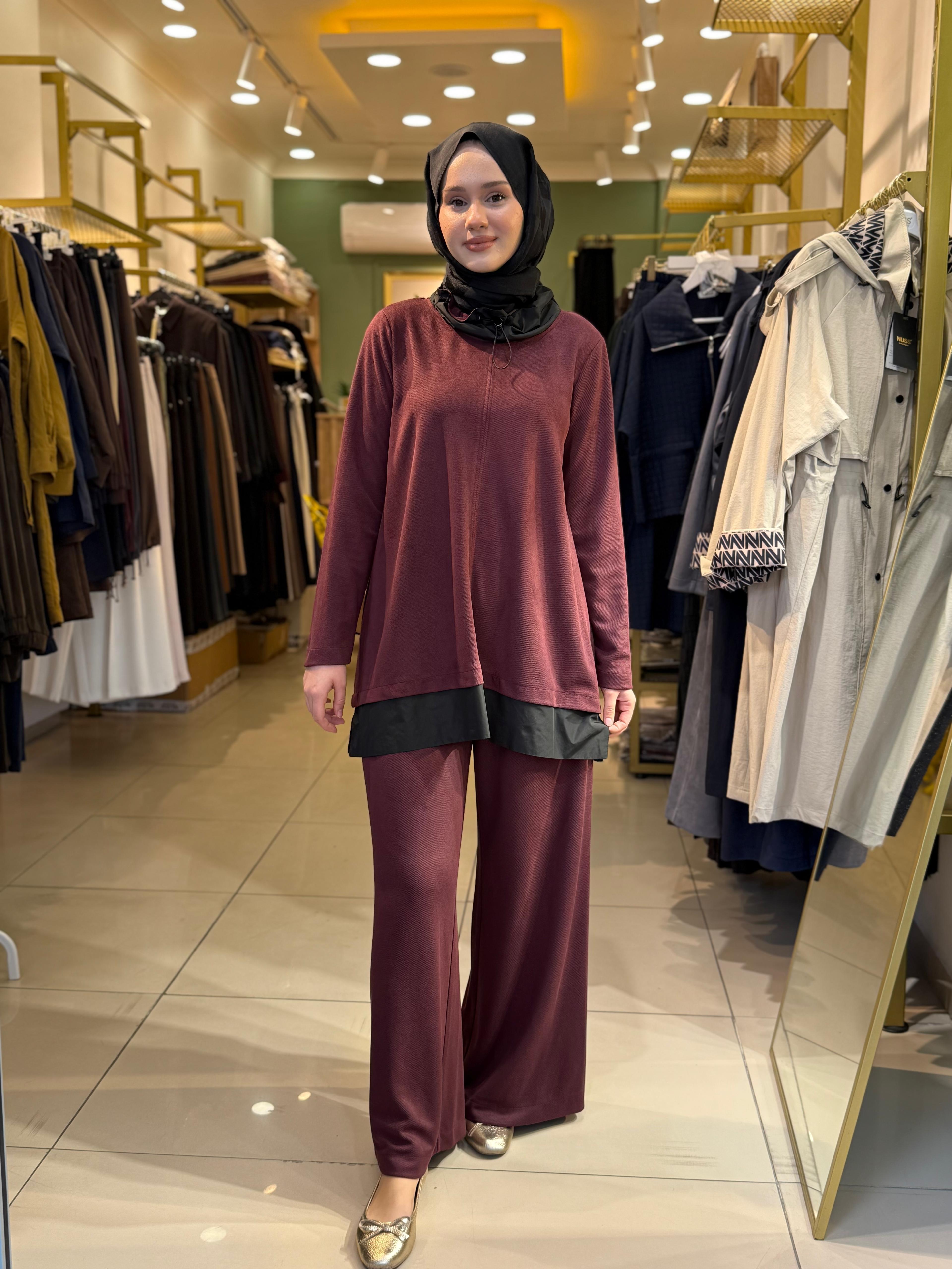 Nuss 1008 Boyun Detaylı  Pantolonlu Takım Bordo