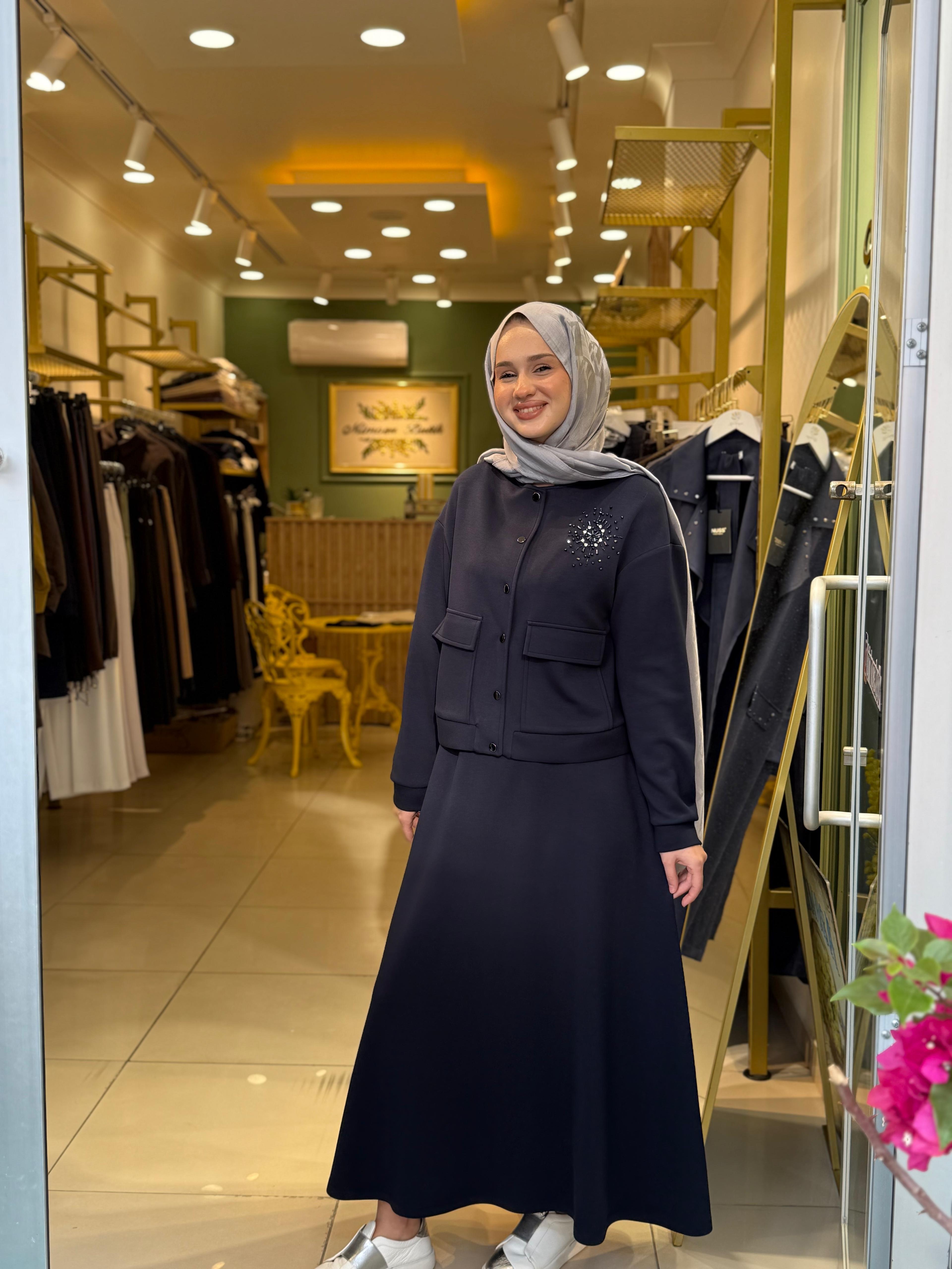 Nuss 1015 Yaka Boncuk İşleme Detaylı Etekli Takım Lacivert
