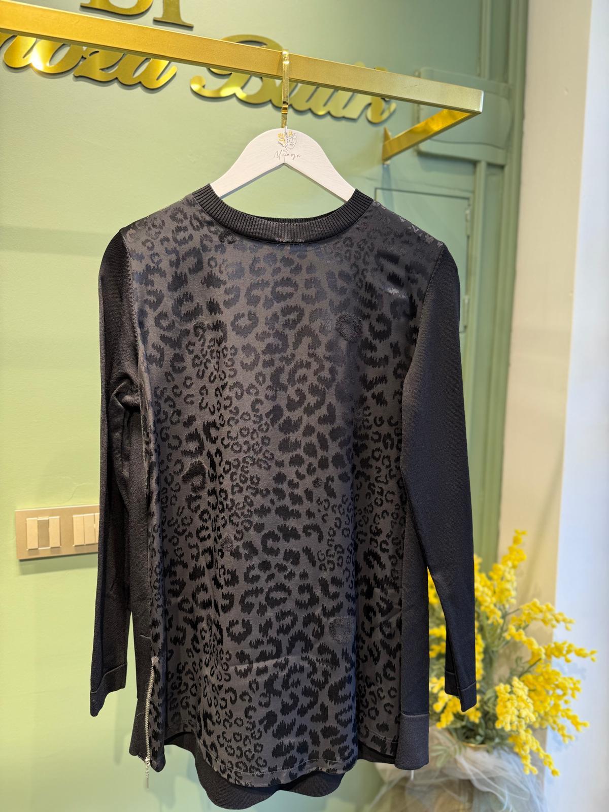 Nuss 3002 Leopar Jakar Detay Merserize Tunik Siyah