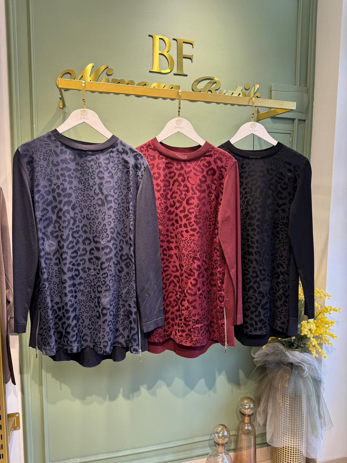 Nuss 3002 Leopar Jakar Detay Merserize Tunik Bordo