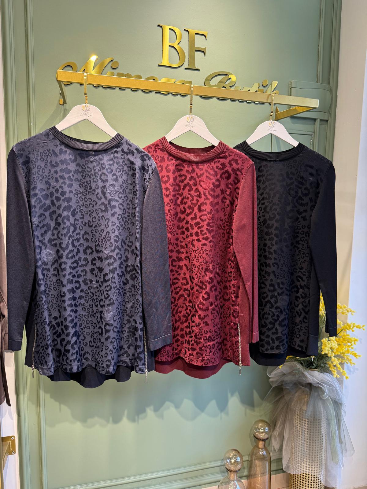 Nuss 3002 Leopar Jakar Detay Merserize Tunik Siyah