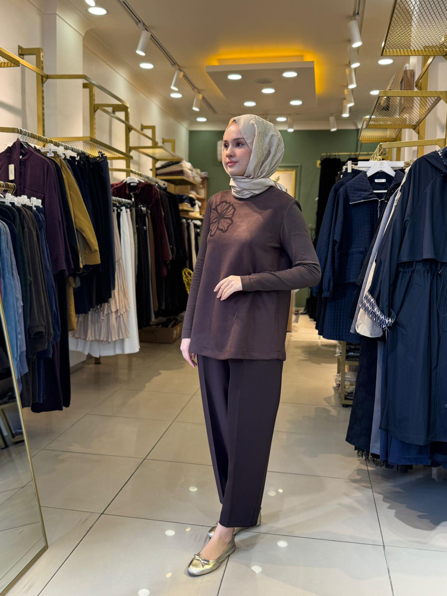 Nuss 3004 Nubuk Yaka İşleme Detaylı Tunik Kahverengi