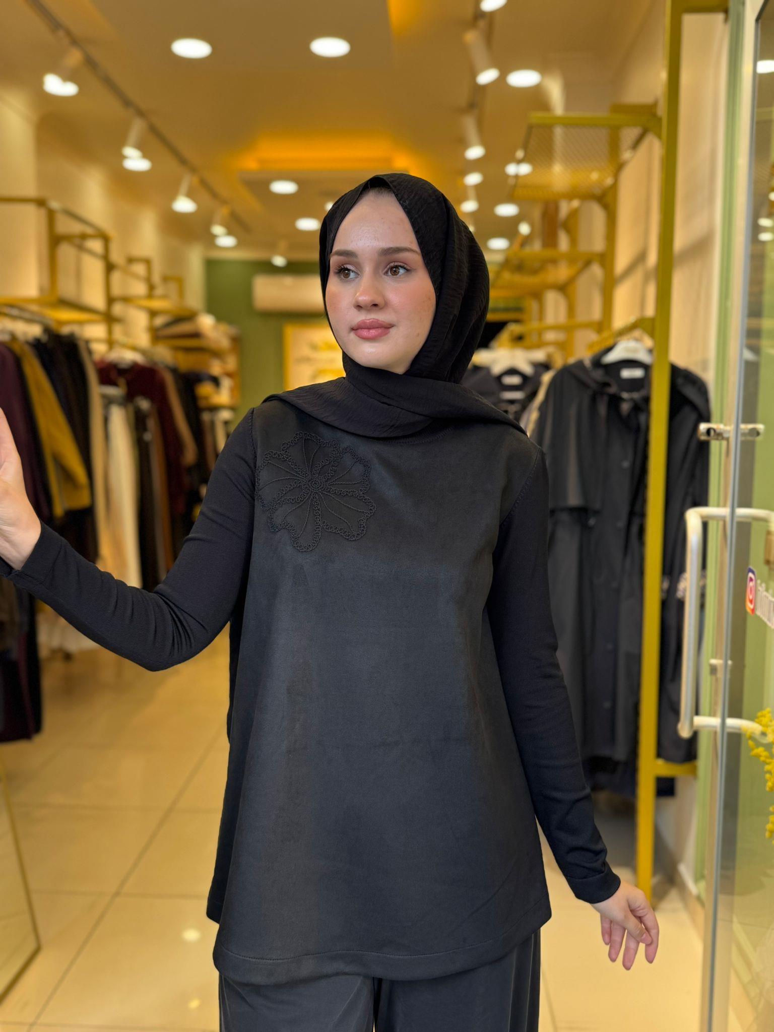 Nuss 3004 Nubuk Yaka İşleme Detaylı Tunik Siyah