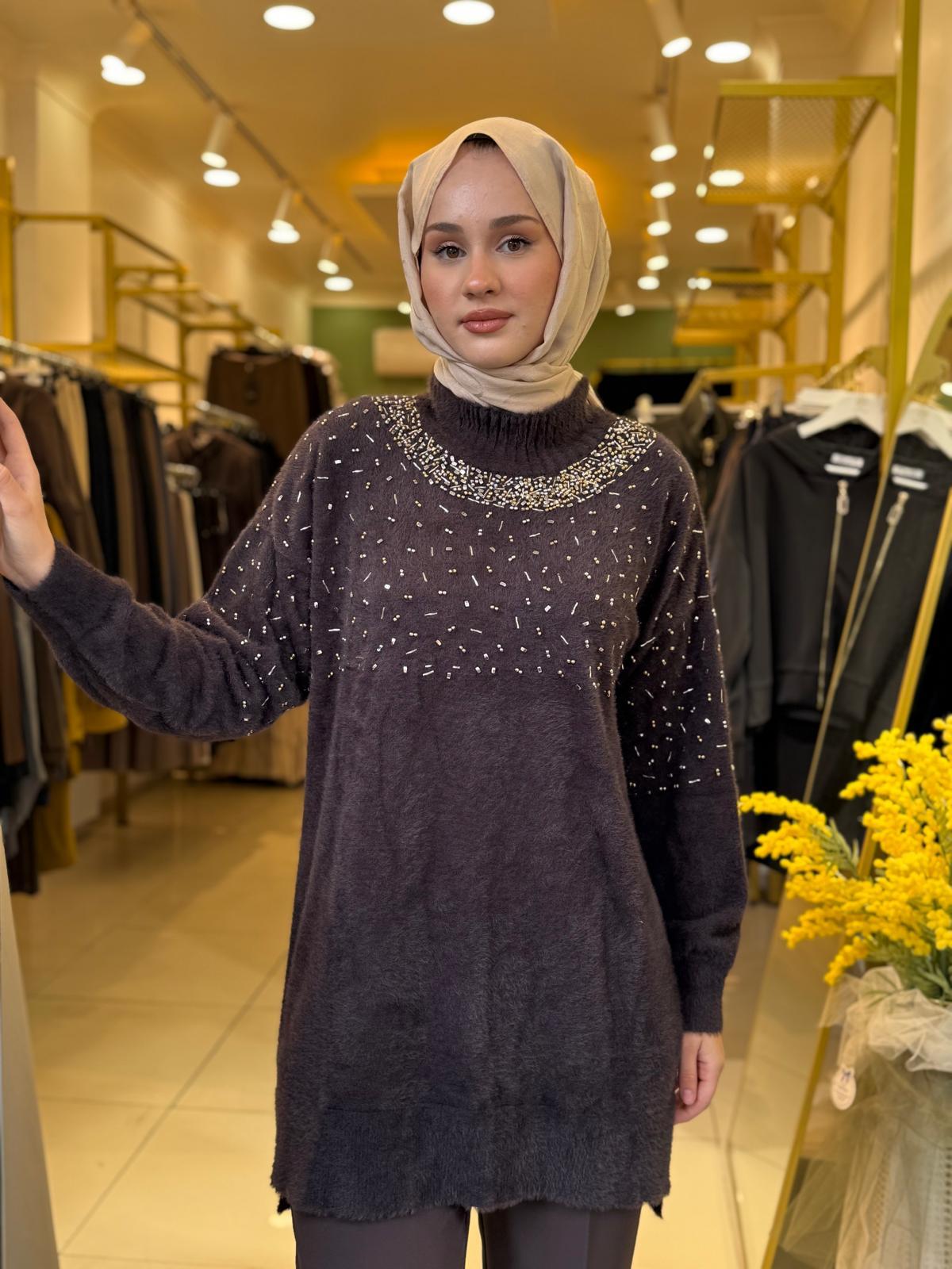 Nuss 7003 Balıkçı Yaka İşlemeli Angora Tunik Kahverengi