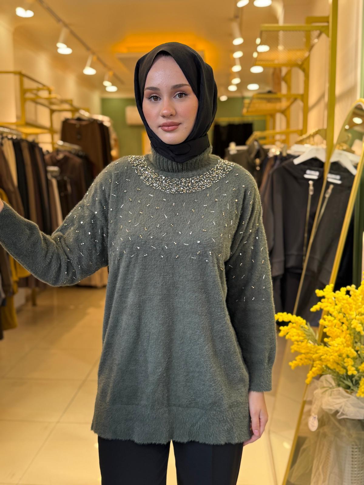 Nuss 7003 Balıkçı Yaka İşlemeli Angora Tunik Haki