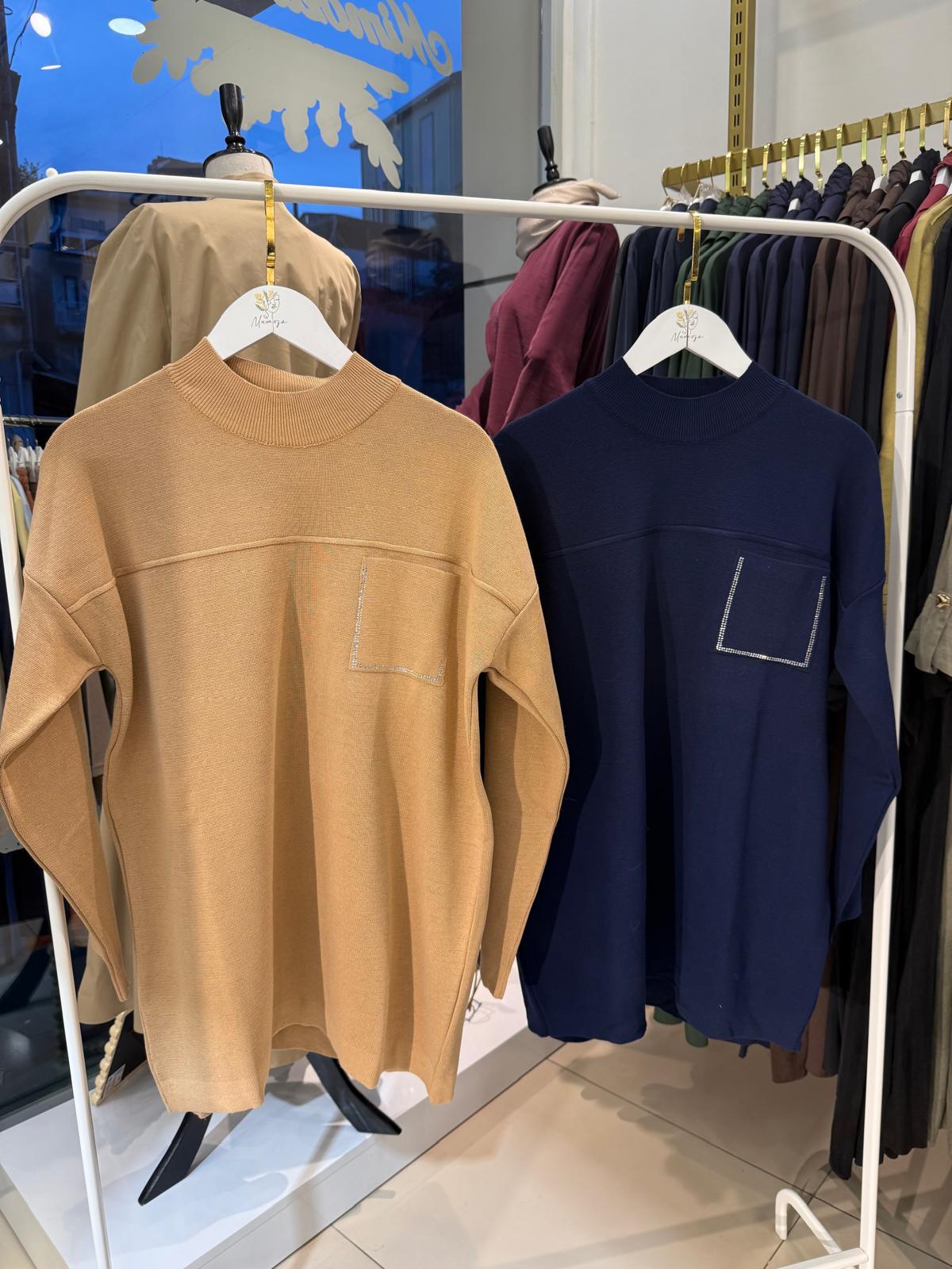 Nuss 7009 Cep Taş İşlemeli Tunik Camel
